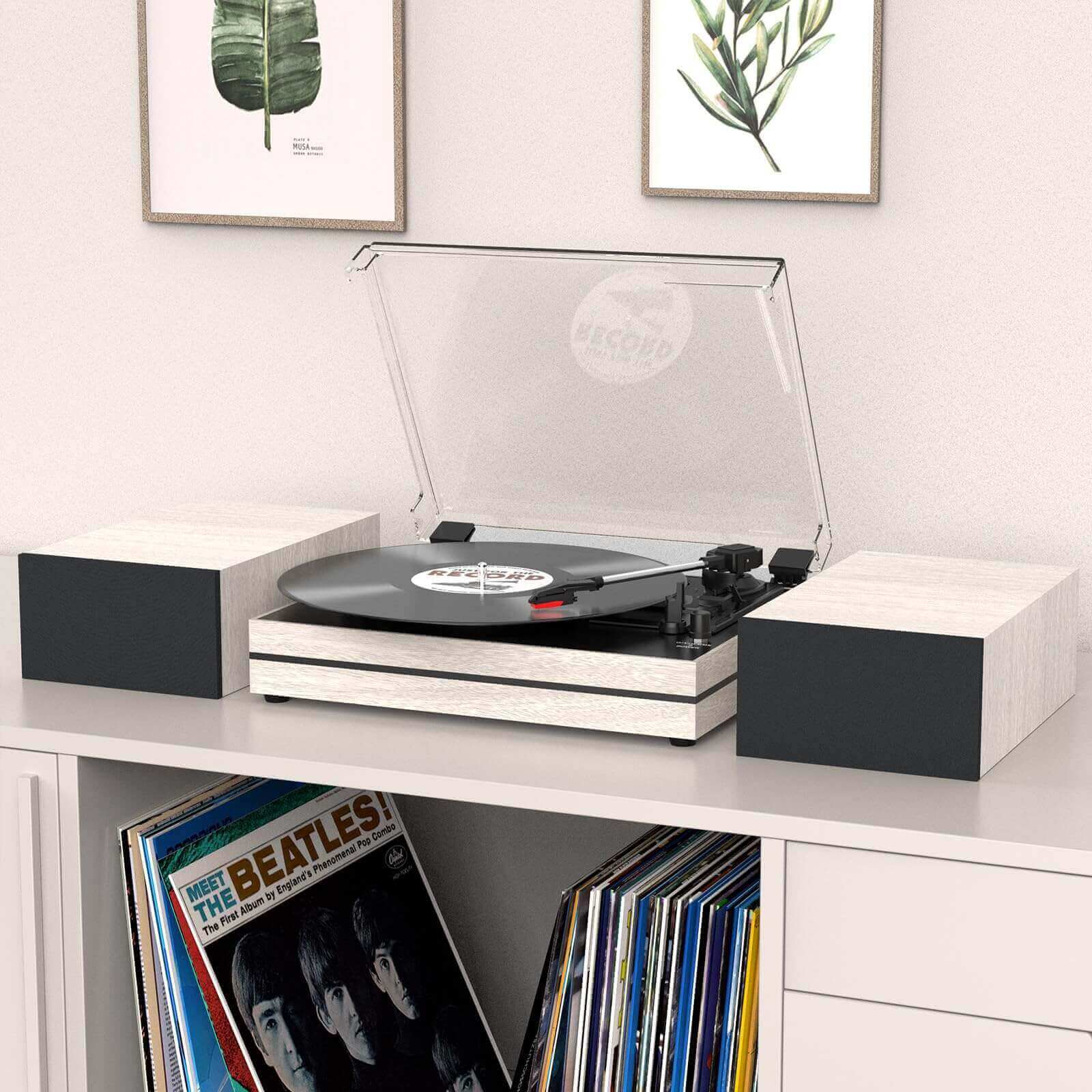 Vinyl Record Player with External Speakers, White, Auto Stop by RETROLIFE