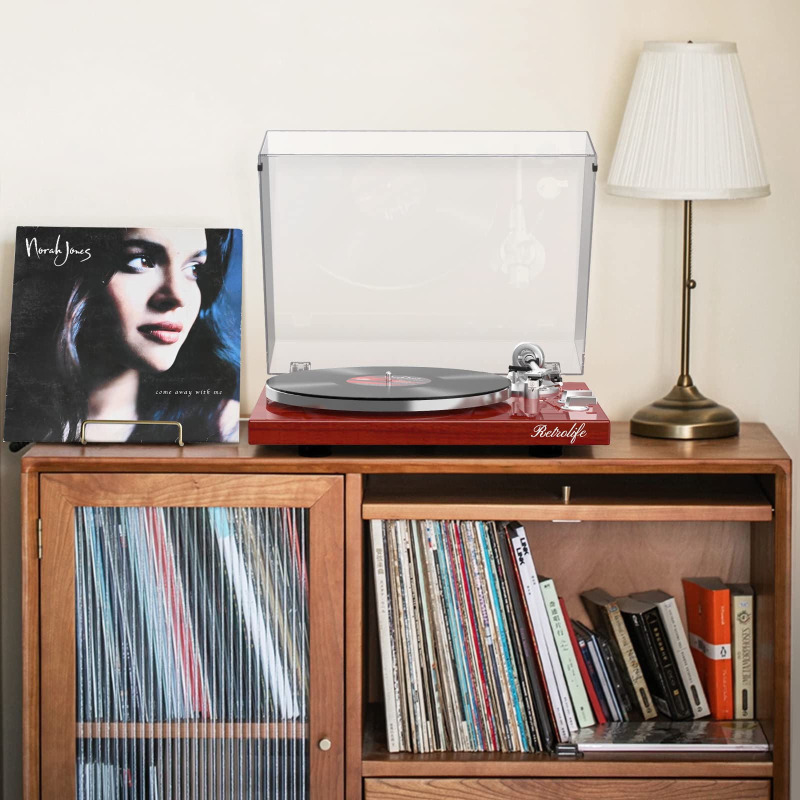 Bluetooth Turntable with High Fidelity Sound - Wood Red, MM Cartridge by Retrolife