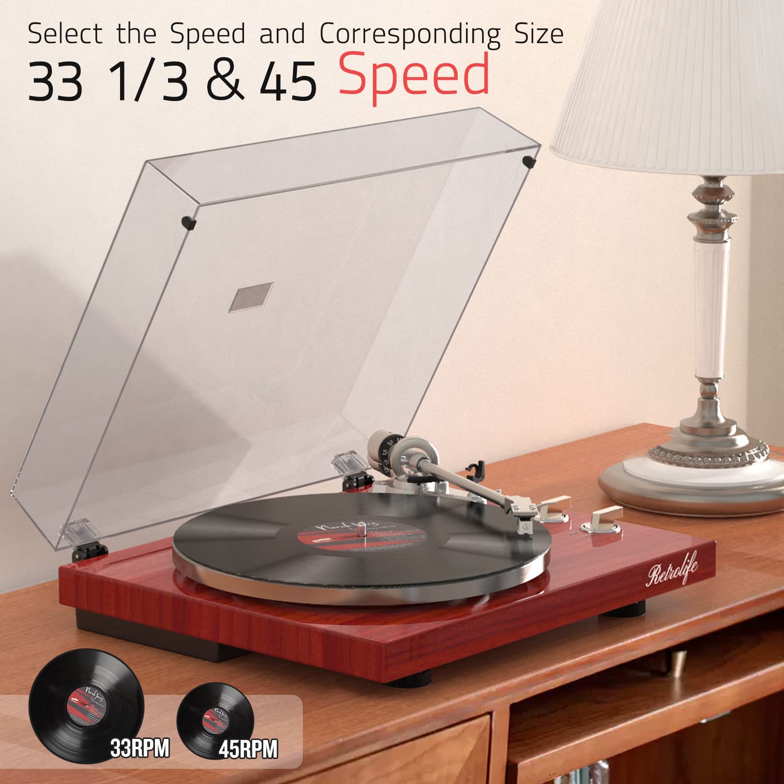 Bluetooth Turntable with High Fidelity Sound - Wood Red, MM Cartridge by Retrolife