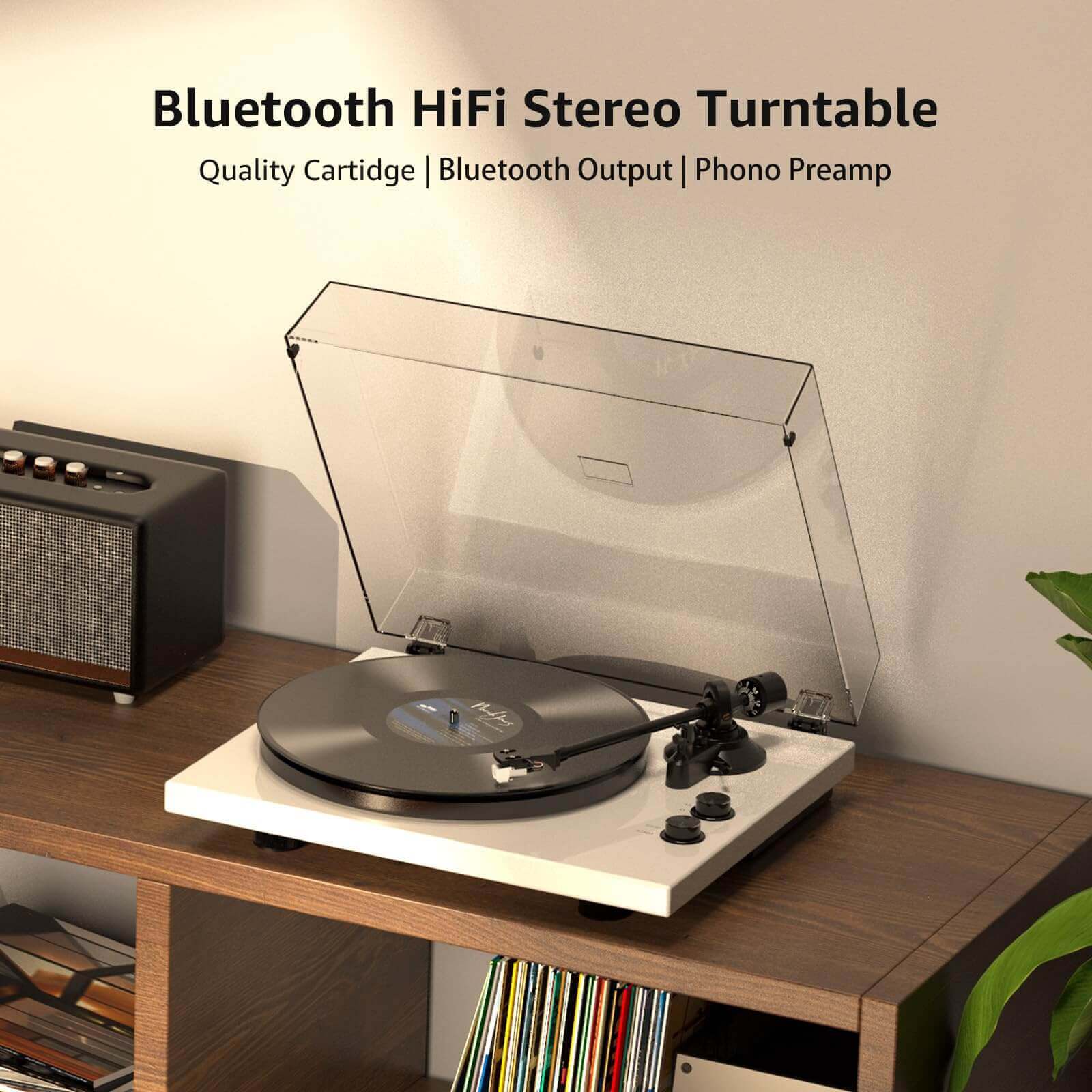 Bluetooth Turntable with High Fidelity Sound - White, MM Cartridge by Retrolife