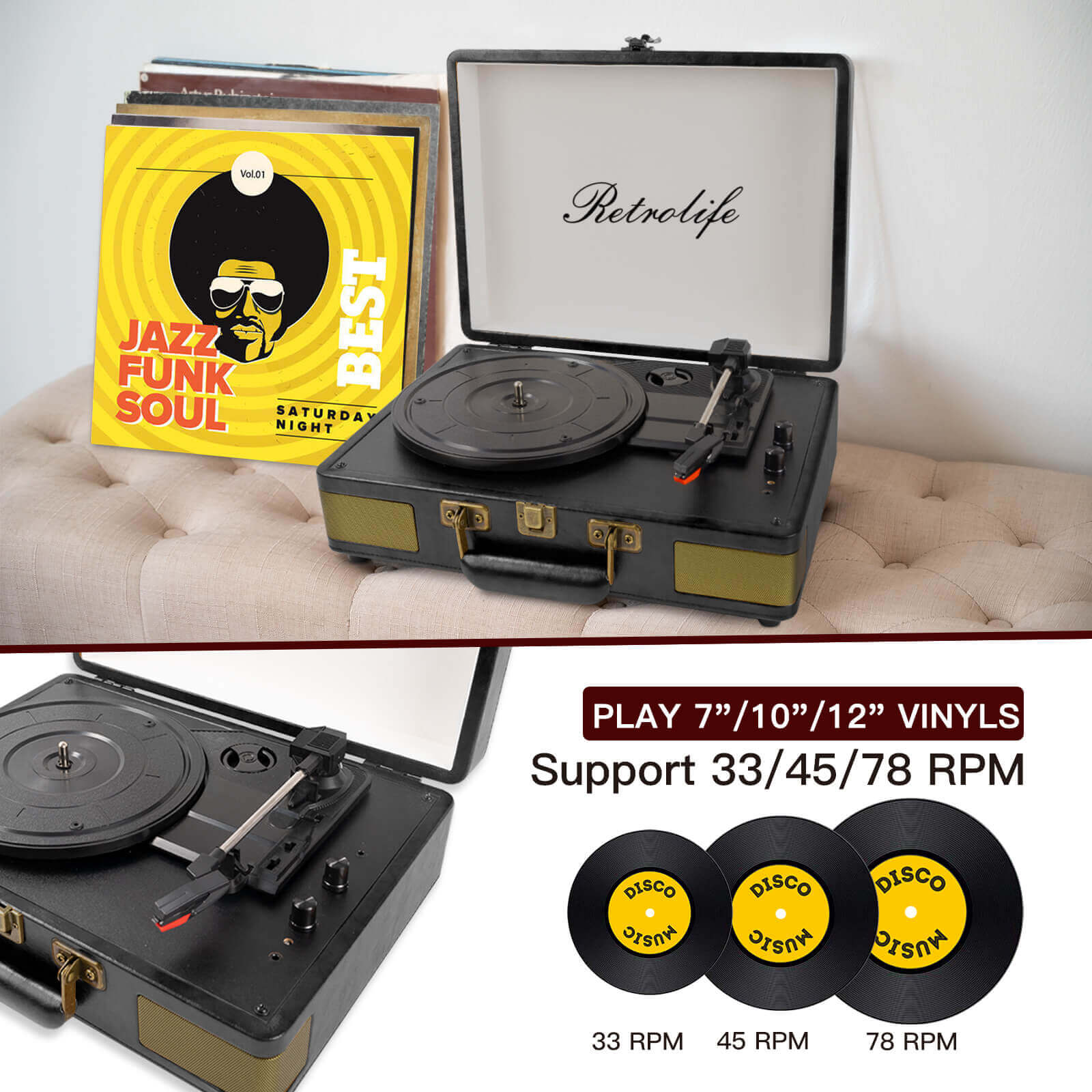 Suitcase Portable Bluetooth Record Player - Black R610