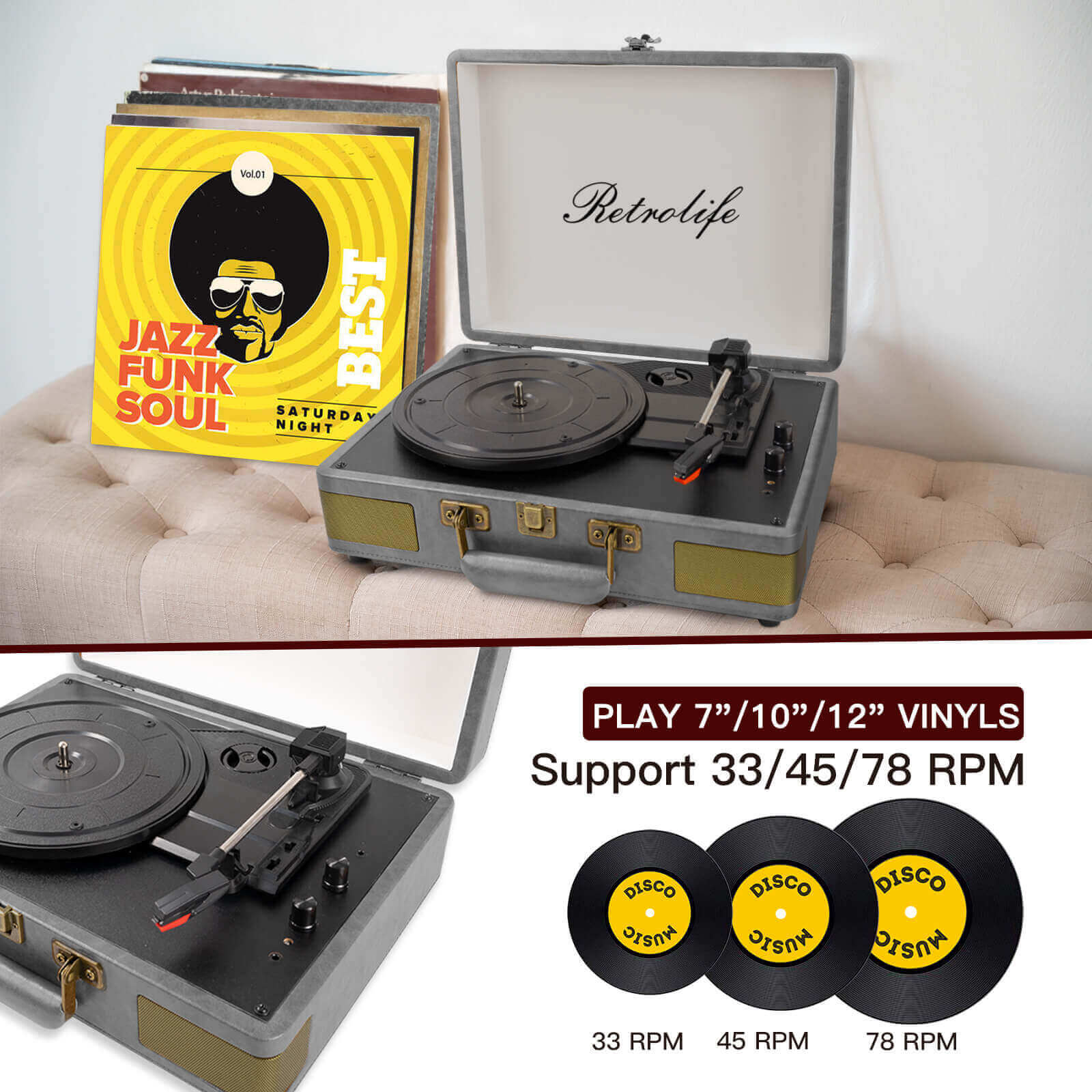 Suitcase Bluetooth Record Player - Gray 3-Speed with Enhanced Audio by RETROLIFE