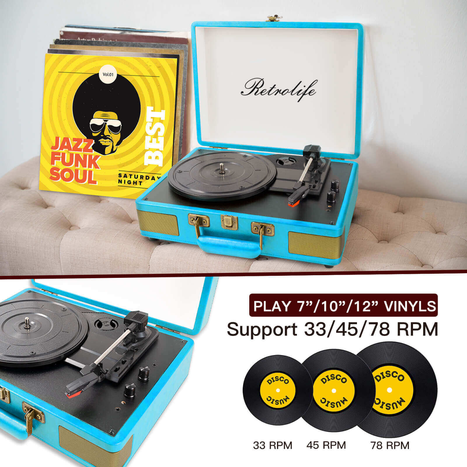 Suitcase Bluetooth Record Player - Blue 3-Speed with Enhanced Audio by RETROLIFE