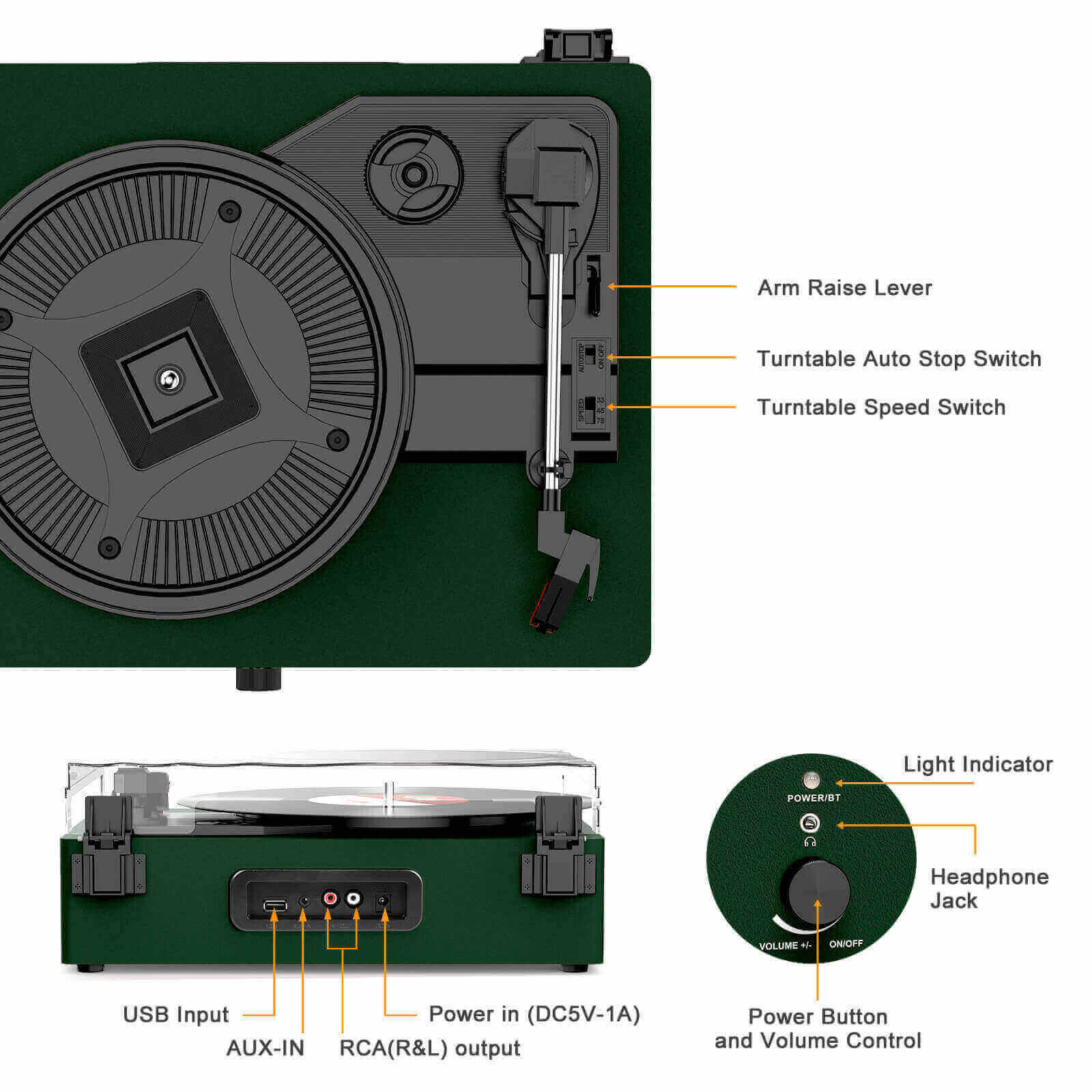 High-Quality Vinyl Record Player - Dark Green with Built-in Speakers by UDREAMER