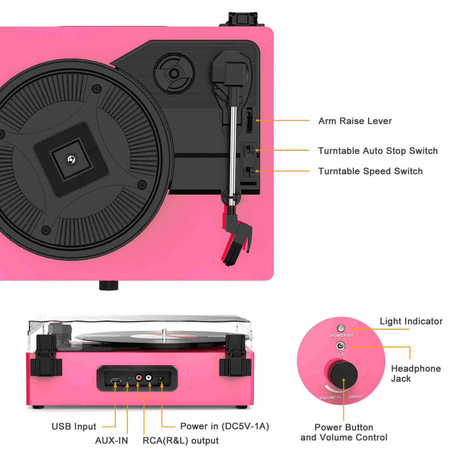 High-Quality Vinyl Record Player - Pink with Built-in Speakers by UDREAMER