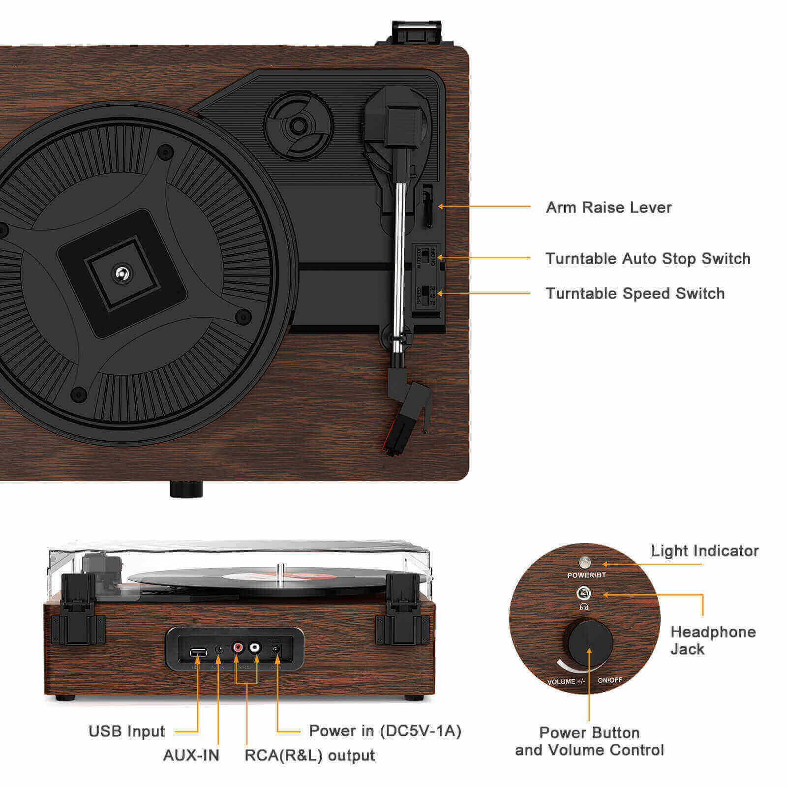 High-Quality Vinyl Record Player - Dark Brown with Built-in Speakers by UDREAMER