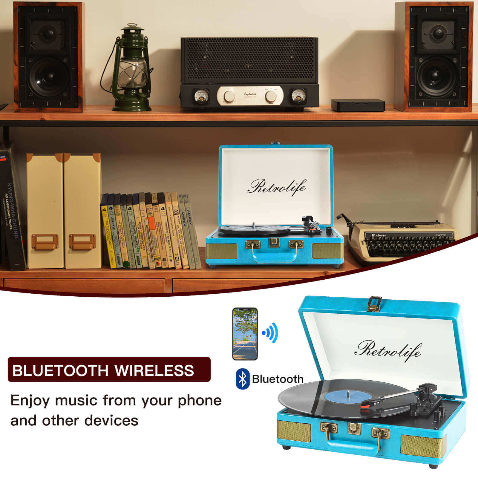 Suitcase Bluetooth Record Player - Blue 3-Speed with Enhanced Audio by RETROLIFE