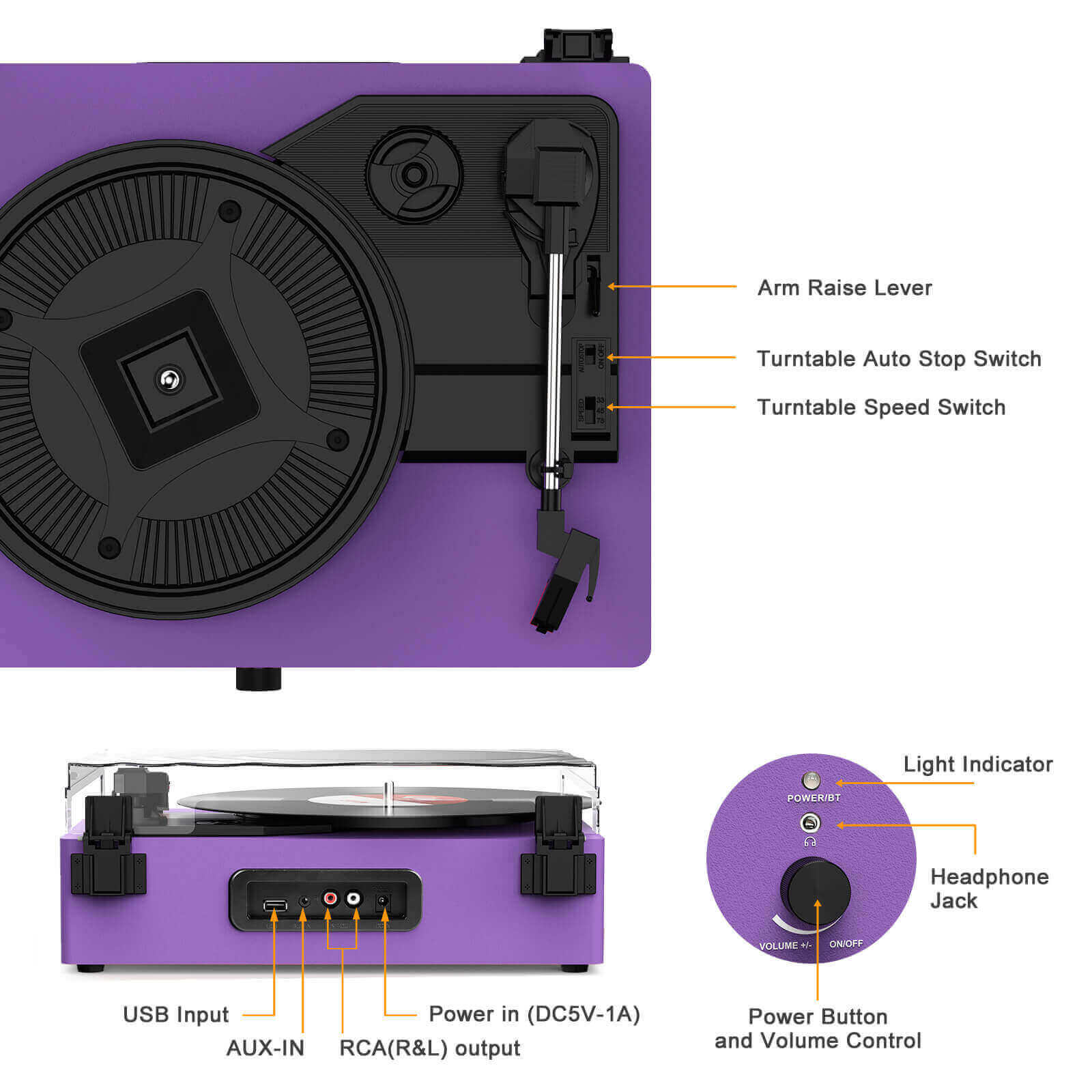 High-Quality Vinyl Record Player - Purple with Built-in Speakers by UDREAMER