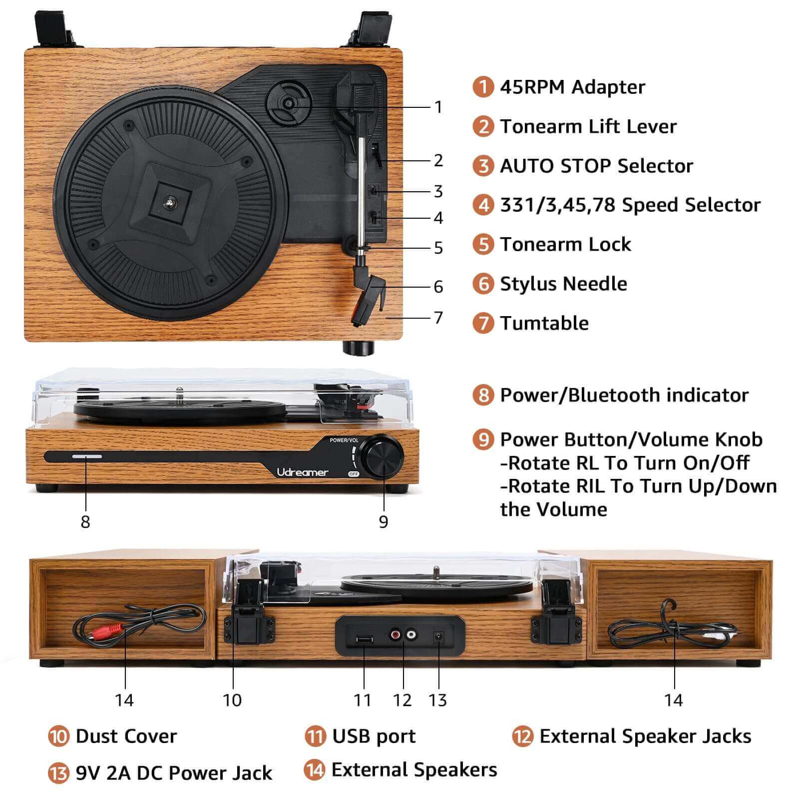 Vinyl Turntable with Dual External Speakers, UD012