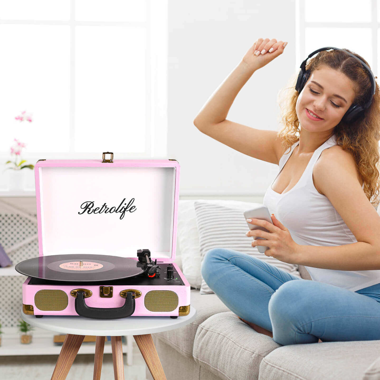 Portable Vinyl Record Player - Light Pink 3-speed with Built-in Speakers by RETROLIFE