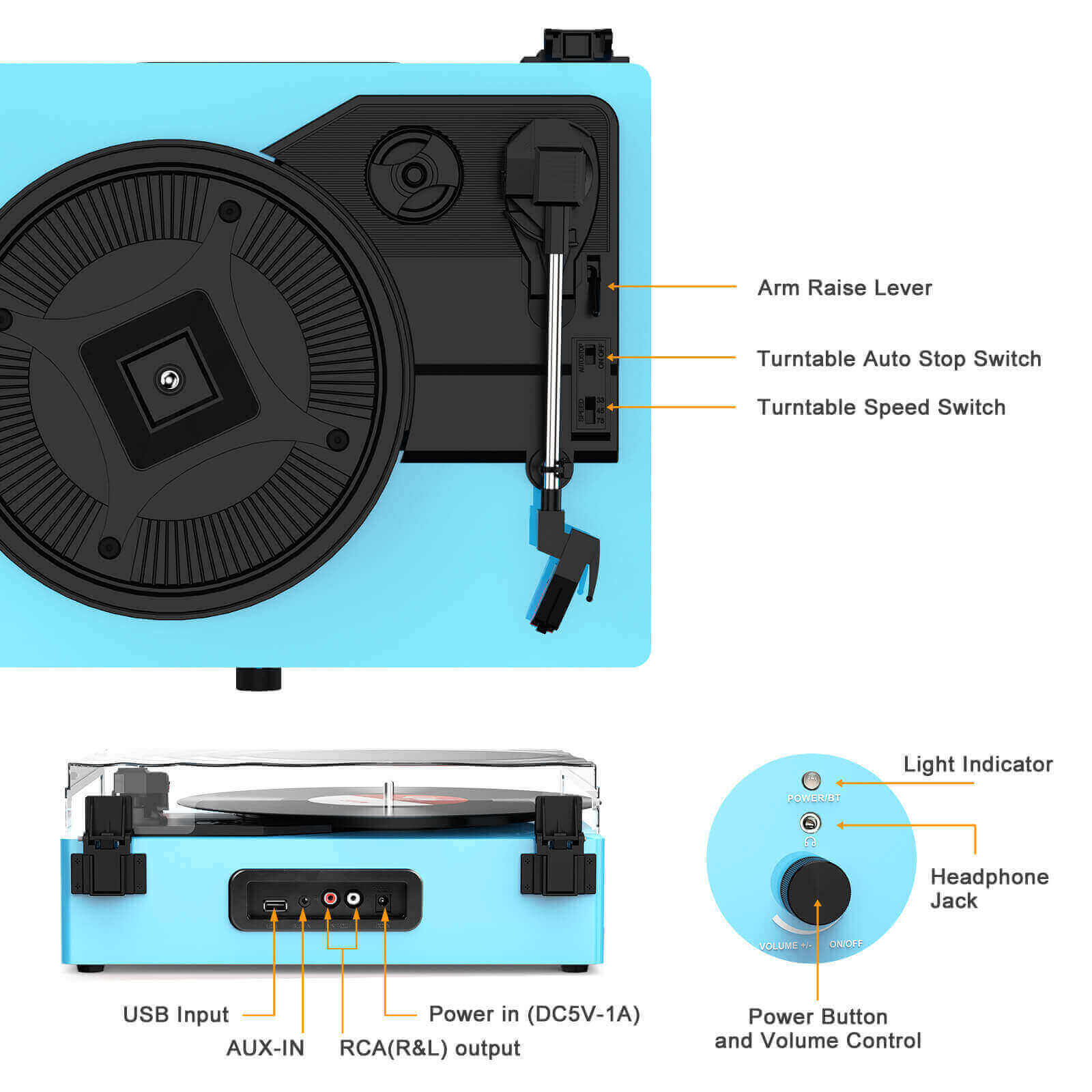 High-Quality Vinyl Record Player - Blue with Built-in Speakers by UDREAMER