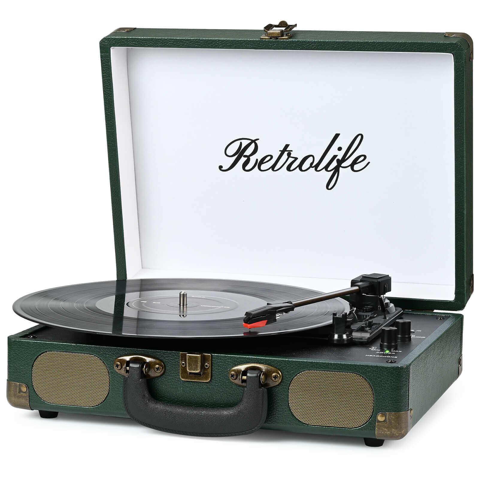 Portable Vinyl Record Player - Dark Green 3-speed with Built-in Speakers by RETROLIFE