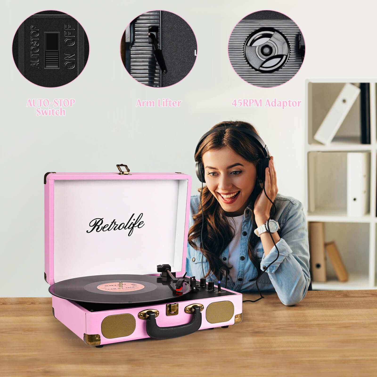 Portable Vinyl Record Player - Light Pink 3-speed with Built-in Speakers by RETROLIFE