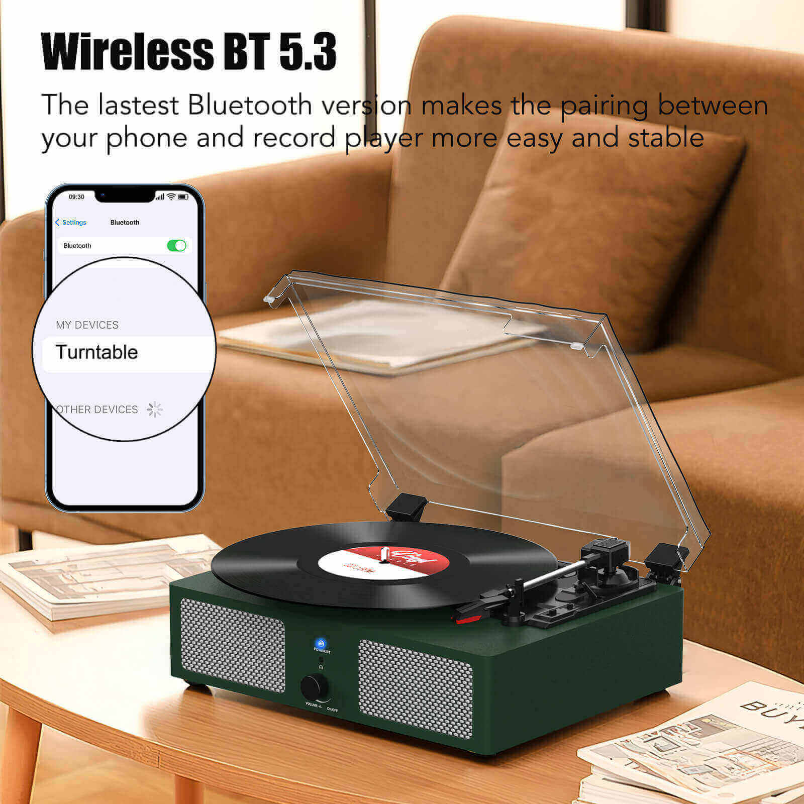 High-Quality Vinyl Record Player - Dark Green with Built-in Speakers by UDREAMER