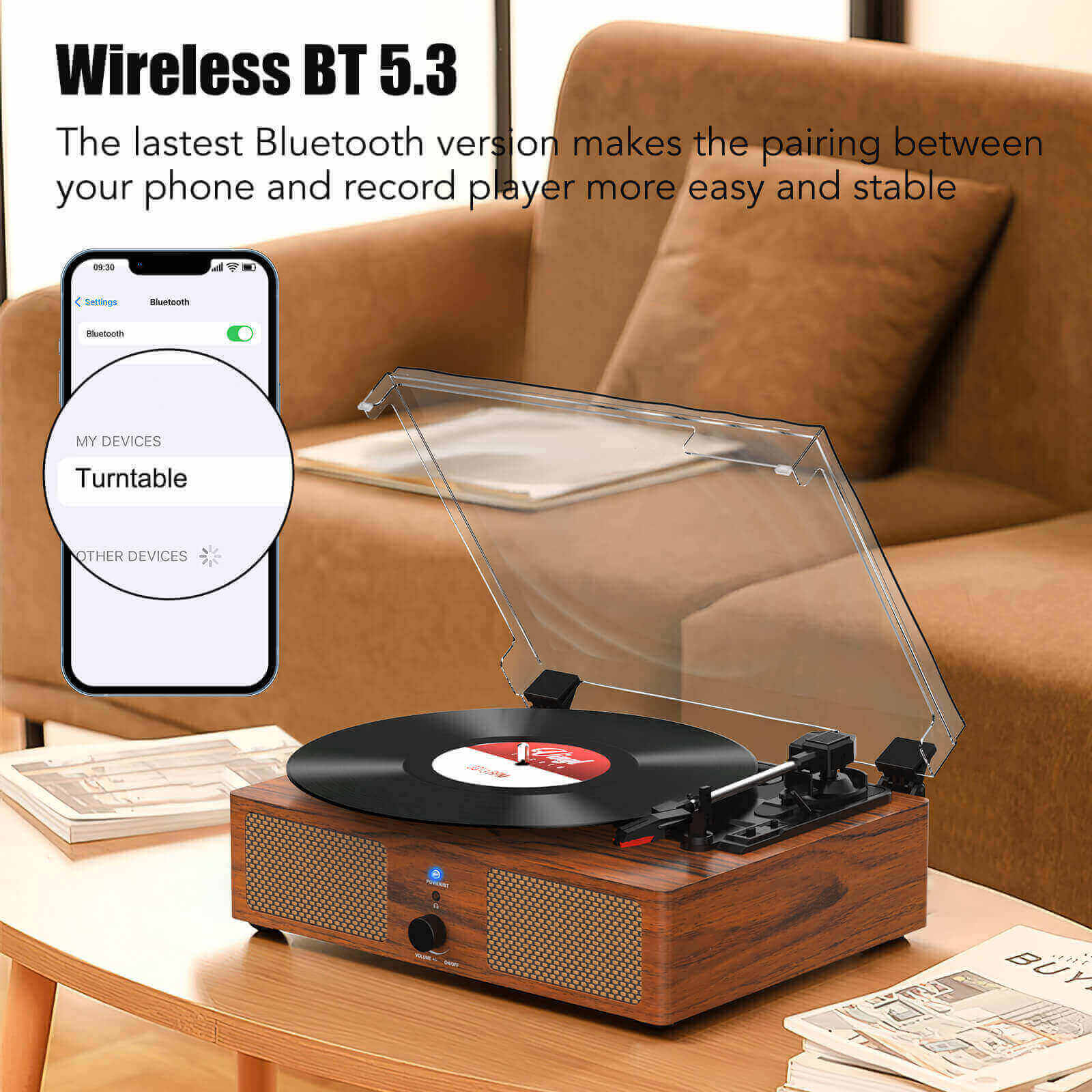 High-Quality Vinyl Record Player - Light Brown with Built-in Speakers by UDREAMER