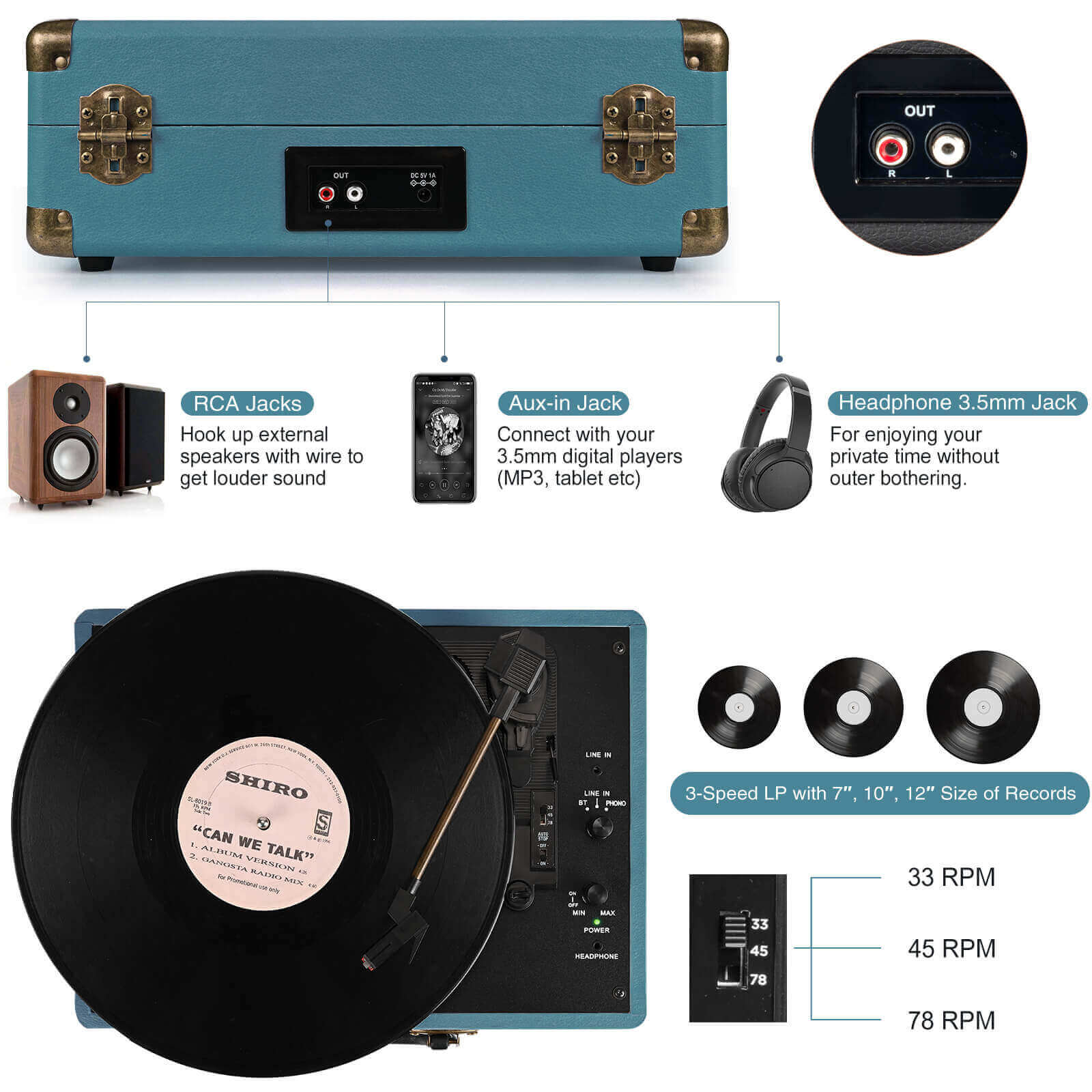 Portable Vinyl Record Player - Coral Blue 3-speed with Built-in Speakers by RETROLIFE