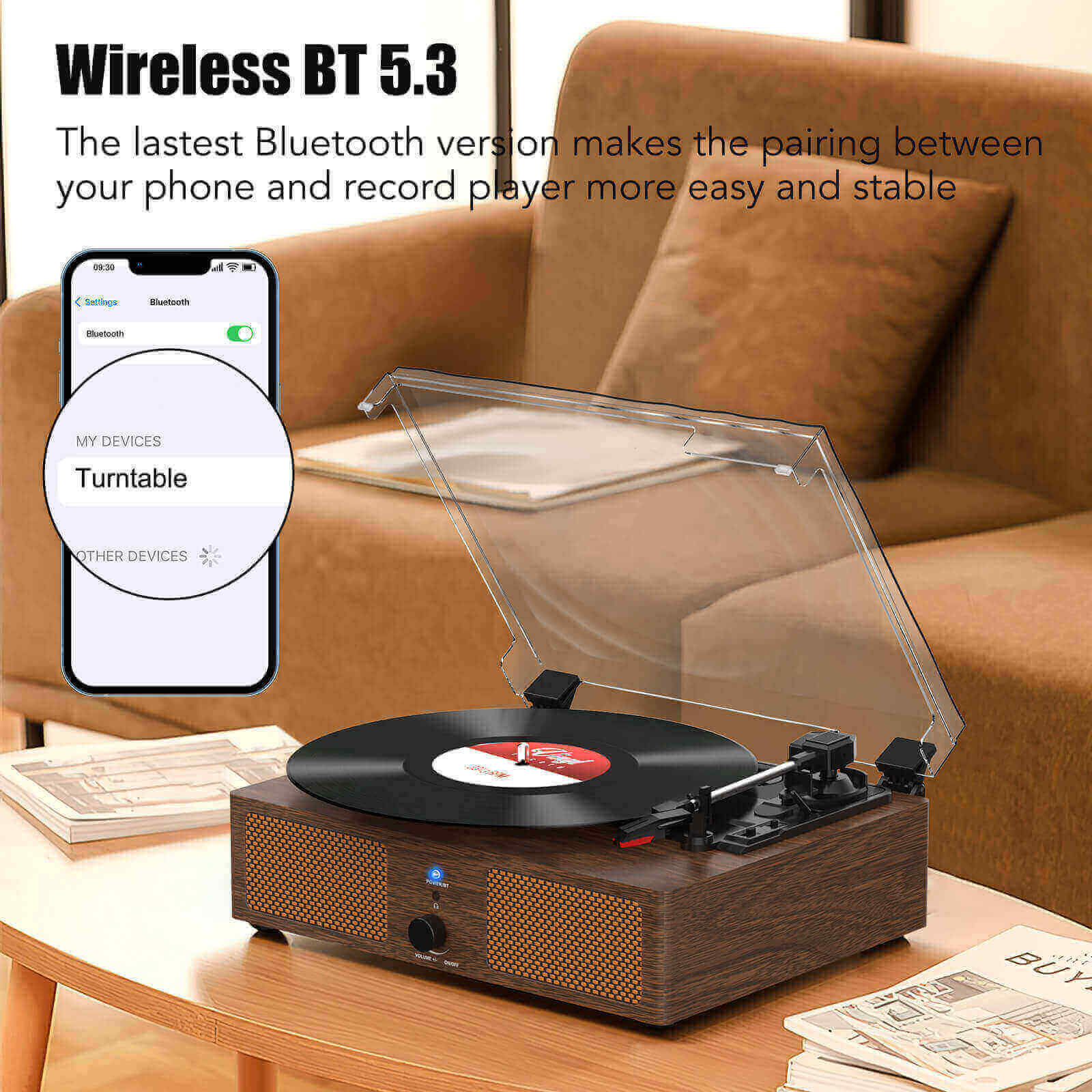 High-Quality Vinyl Record Player - Dark Brown with Built-in Speakers by UDREAMER