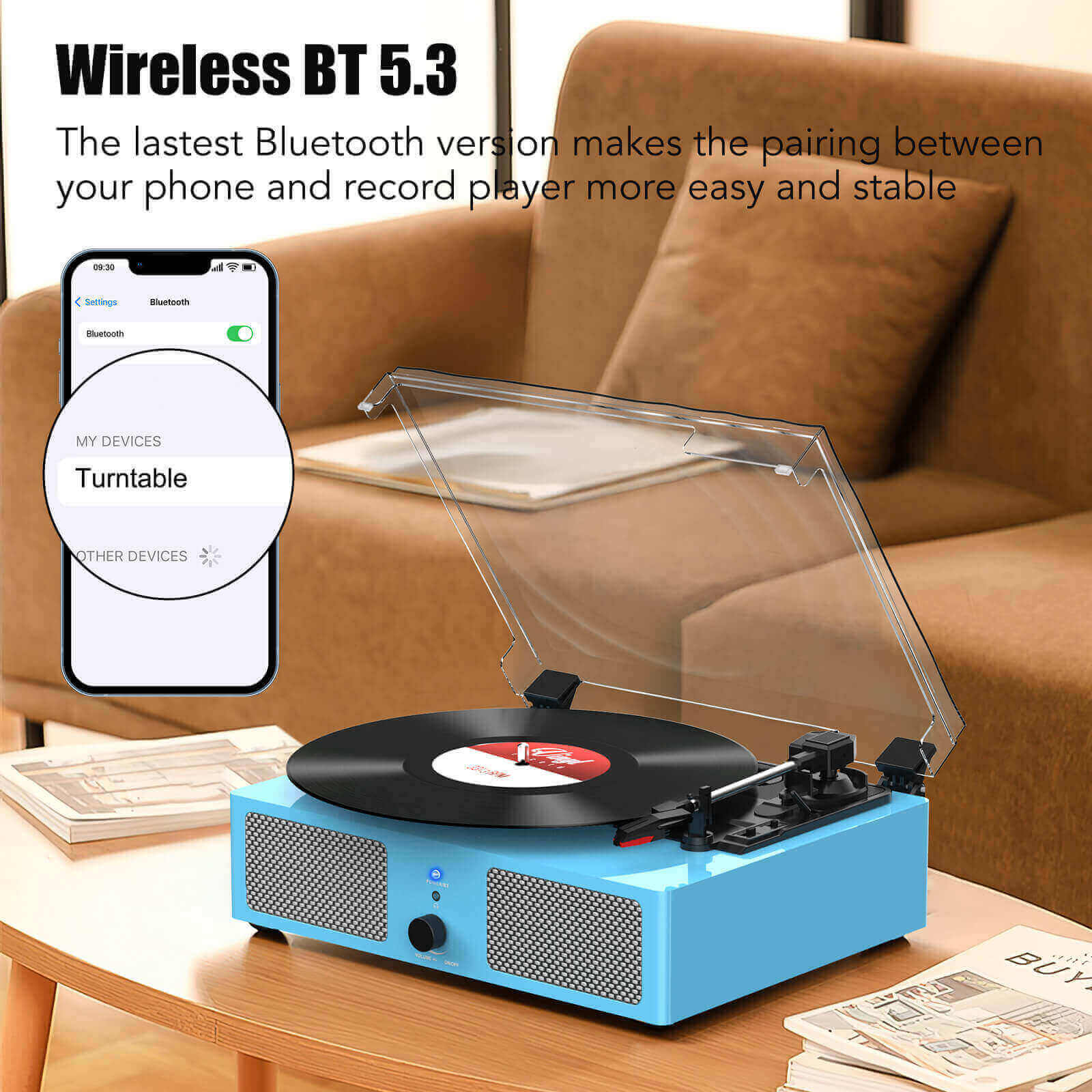 High-Quality Vinyl Record Player - Blue with Built-in Speakers by UDREAMER