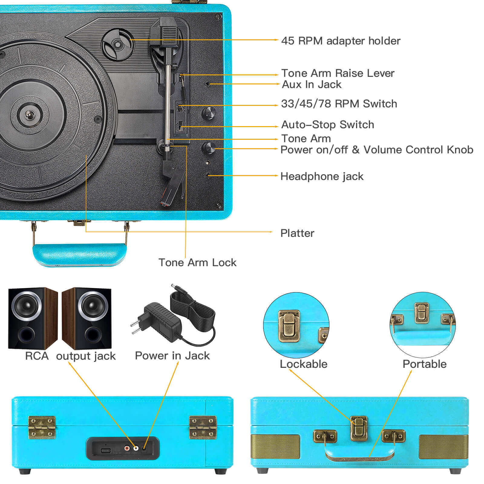 Suitcase Bluetooth Record Player - Blue 3-Speed with Enhanced Audio by RETROLIFE