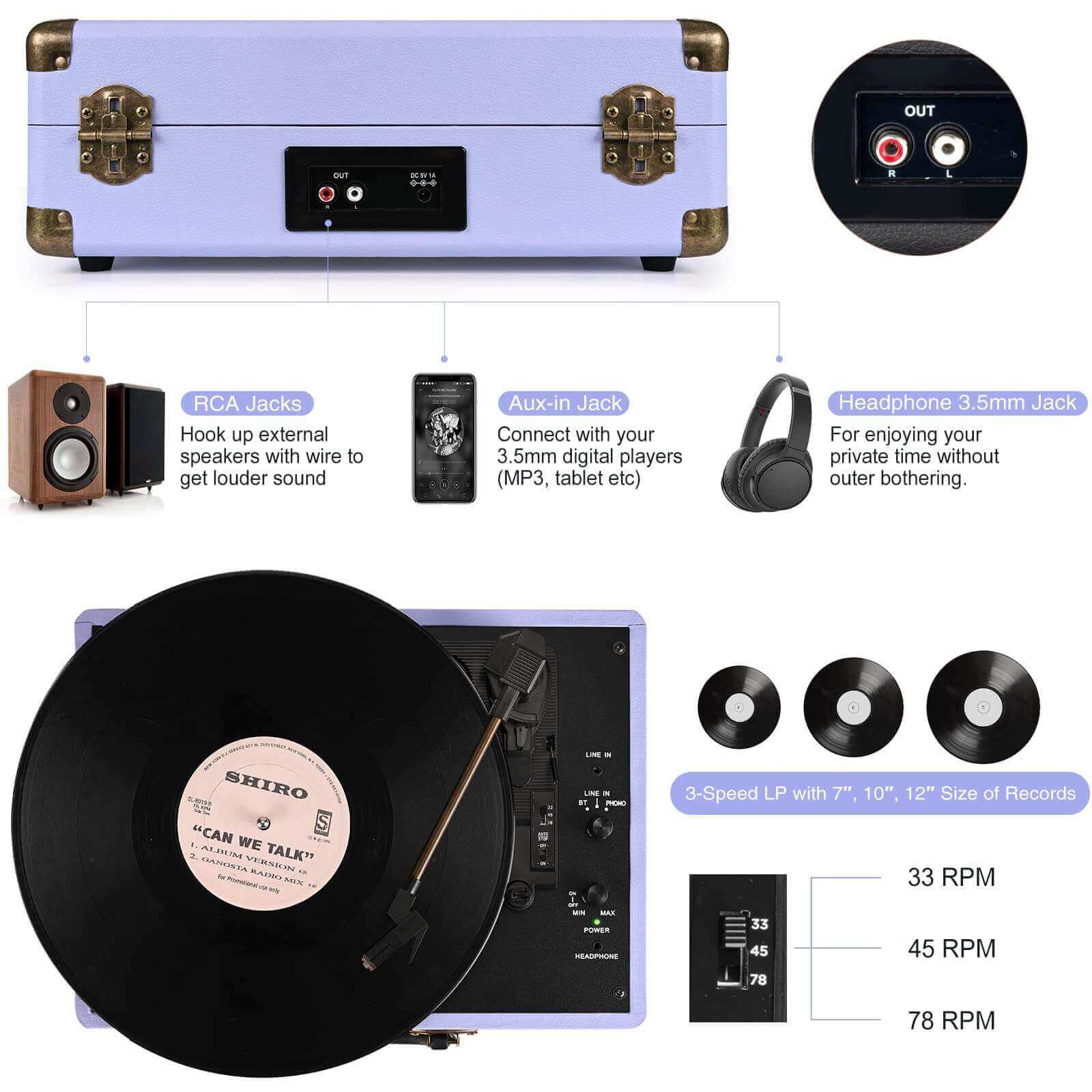 Portable Vinyl Record Player - Vintage Purple 3-speed with Built-in Speakers by RETROLIFE