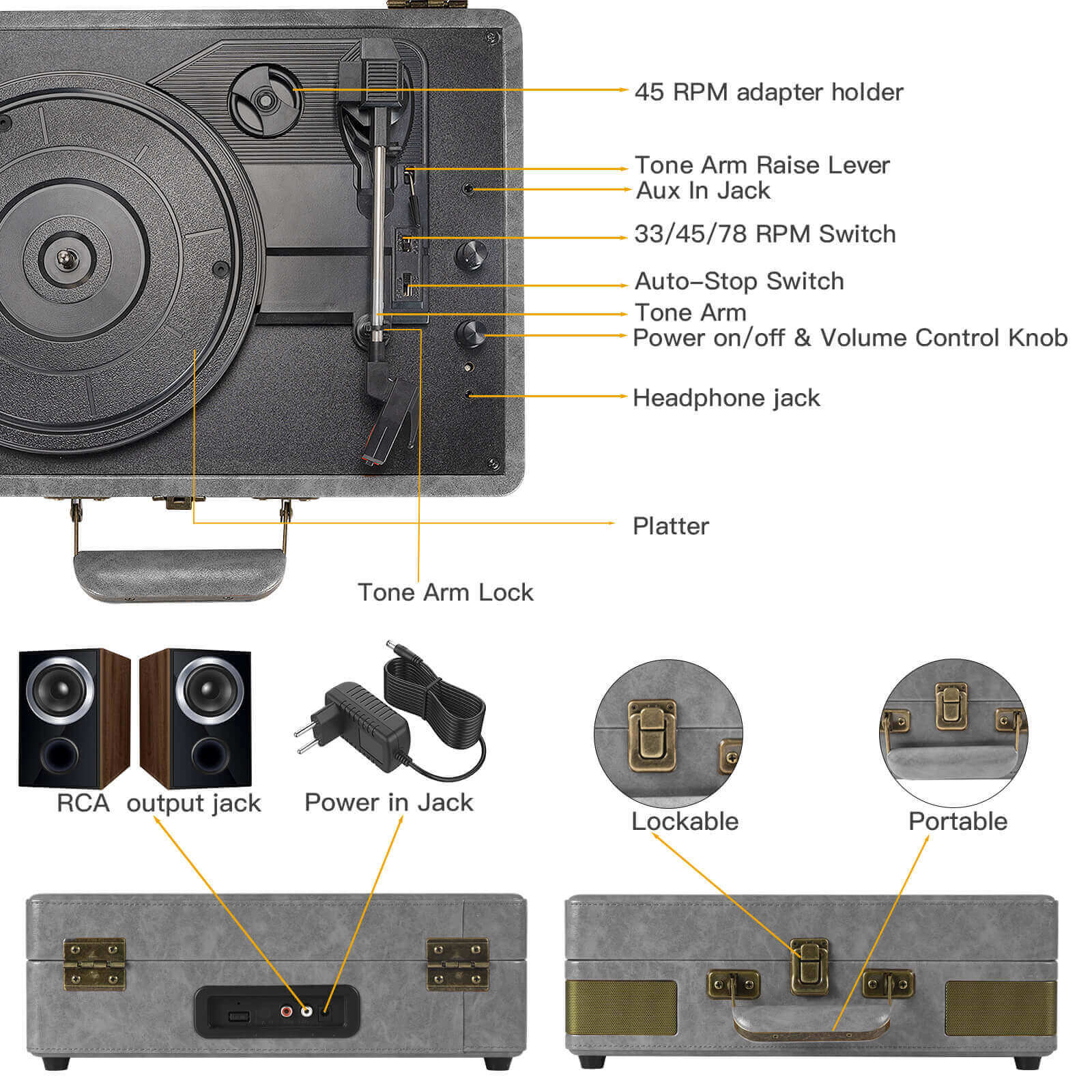 Suitcase Bluetooth Record Player - Gray 3-Speed with Enhanced Audio by RETROLIFE