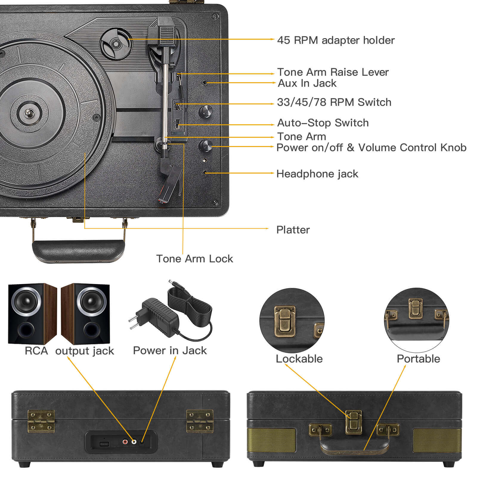 Suitcase Bluetooth Record Player - Black 3-Speed with Enhanced Audio by RETROLIFE