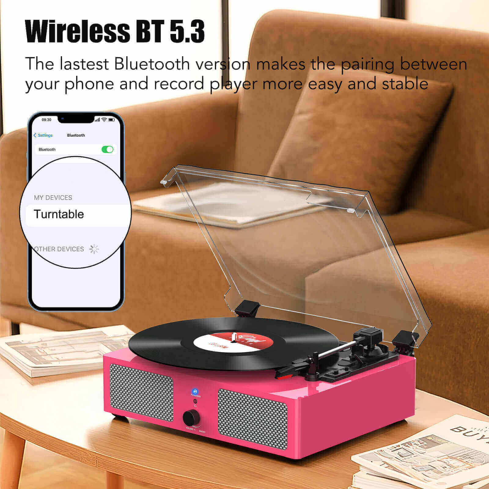 High-Quality Vinyl Record Player - Pink with Built-in Speakers by UDREAMER