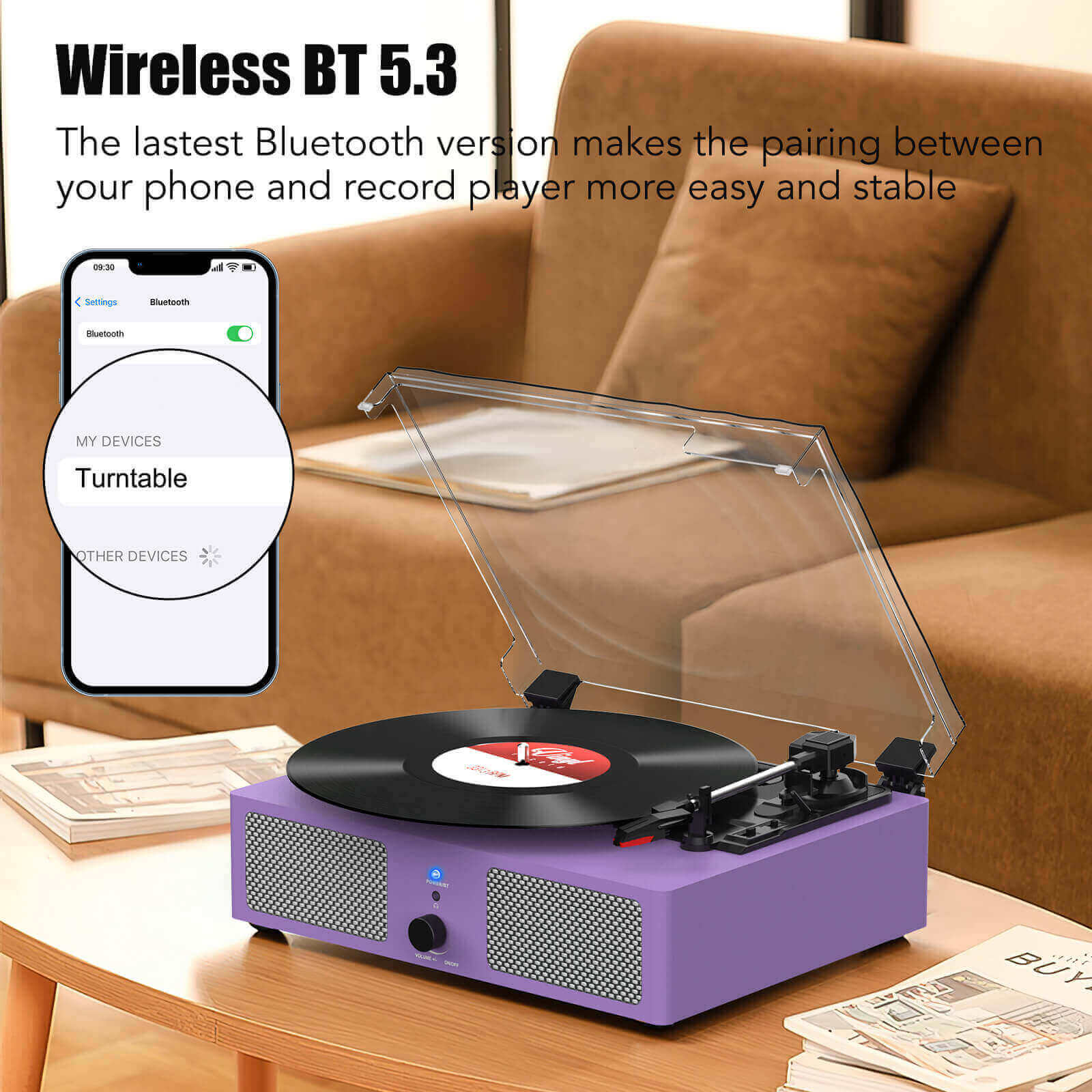 High-Quality Vinyl Record Player - Purple with Built-in Speakers by UDREAMER