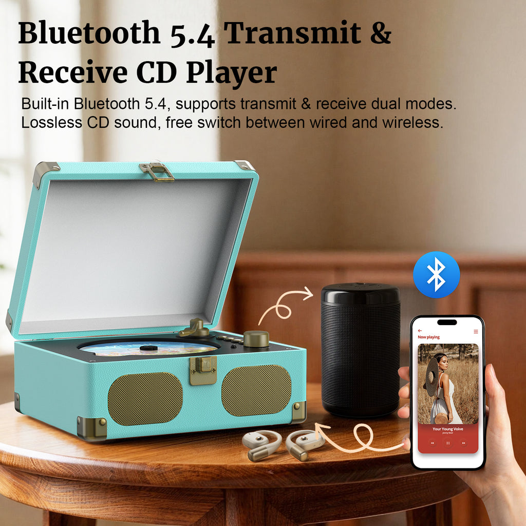 Wavelegend Retro CD Player Bluetooth Portable with Hifi Speakers, Remote Control Desktop Suitcase Music Player with V5.4 BT in&out Blue