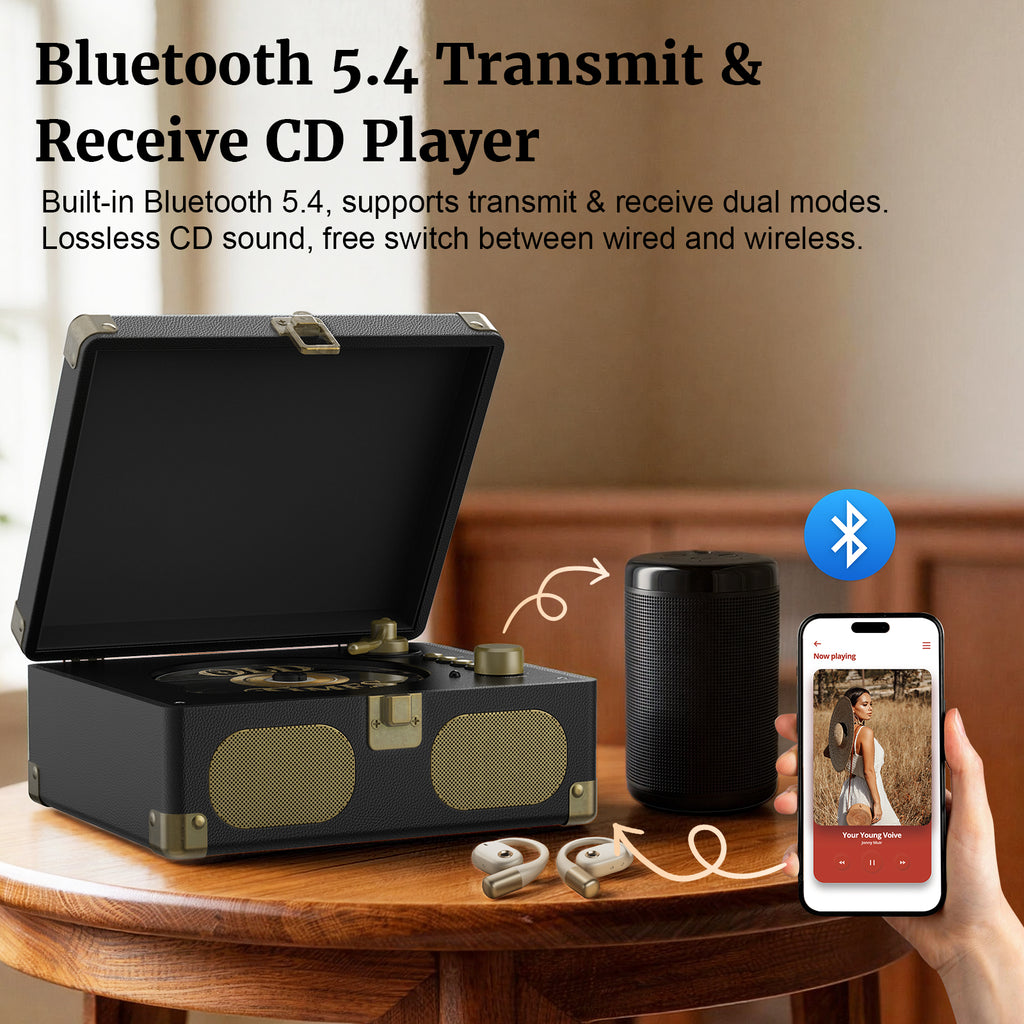 Wavelegend Retro CD Player Bluetooth Portable with Hifi Speakers, Remote Control Desktop Suitcase Music Player with V5.4 BT in&out
