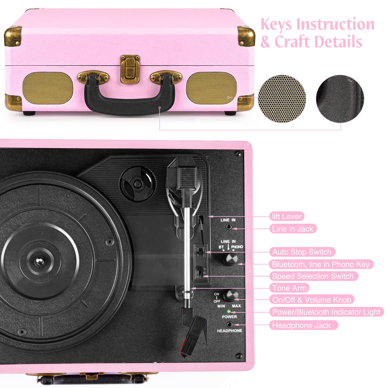 Portable Vinyl Record Player - Light Pink 3-speed with Built-in Speakers by RETROLIFE