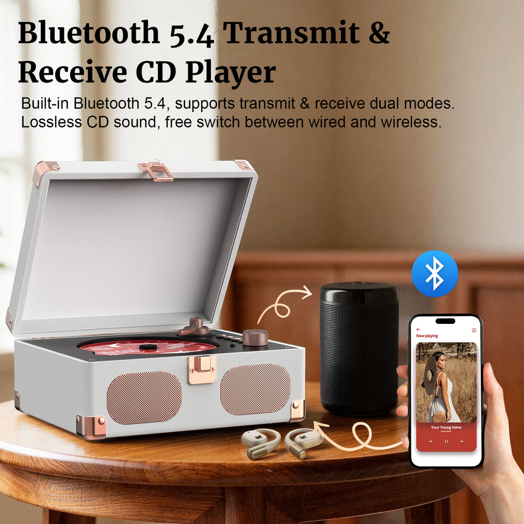 Wavelegend Retro CD Player Bluetooth Portable with Hifi Speakers, Remote Control Desktop Suitcase Music Player with V5.4 BT in&out(White)