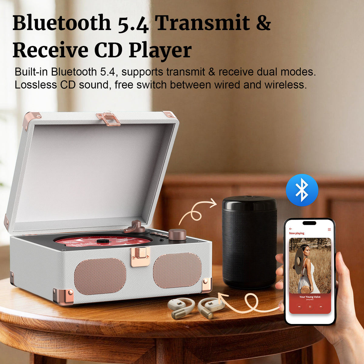 Wavelegend Retro CD Player Bluetooth Portable with Hifi Speakers, Remote Control Desktop Suitcase Music Player with V5.4 BT in&out(White)