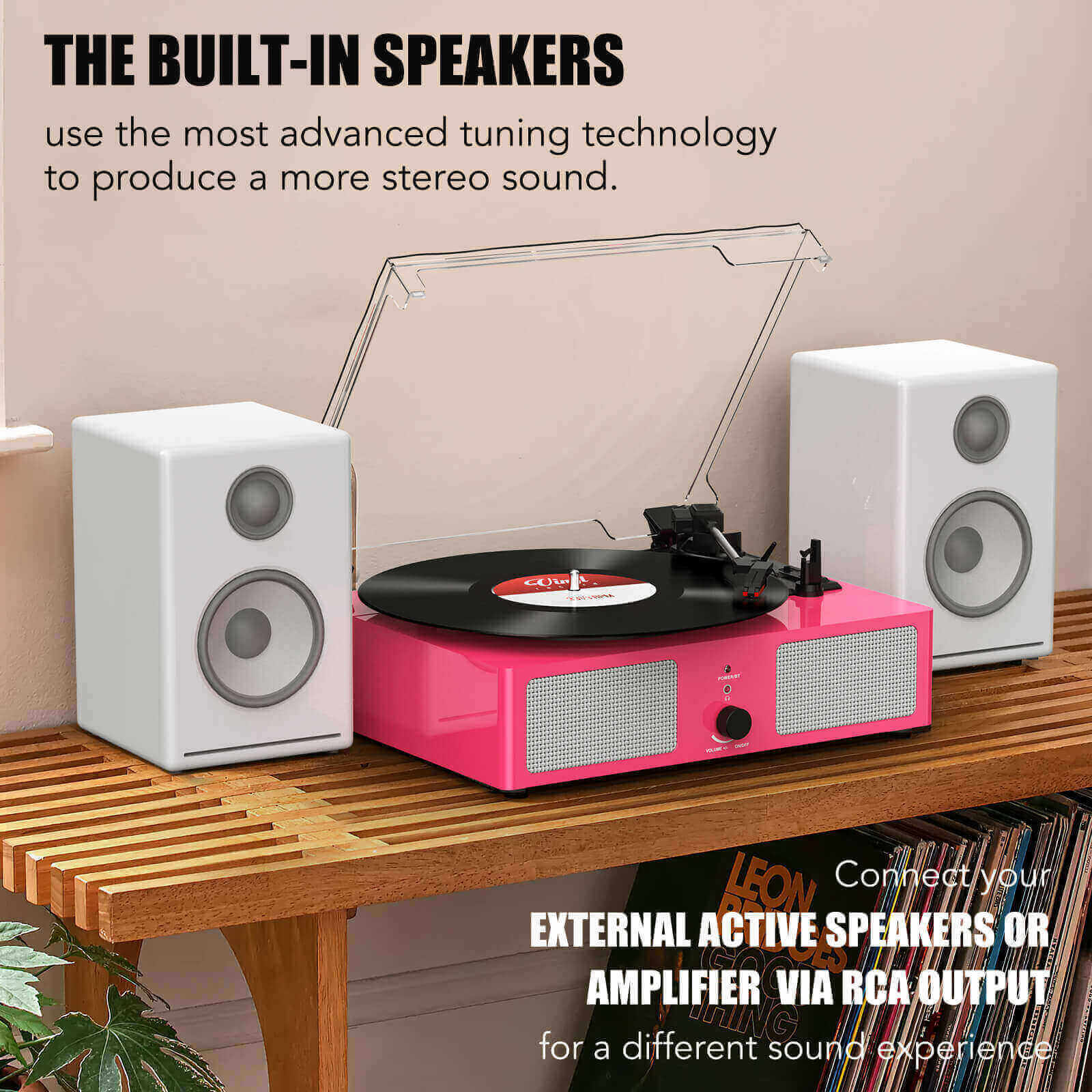 High-Quality Vinyl Record Player - Pink with Built-in Speakers by UDREAMER