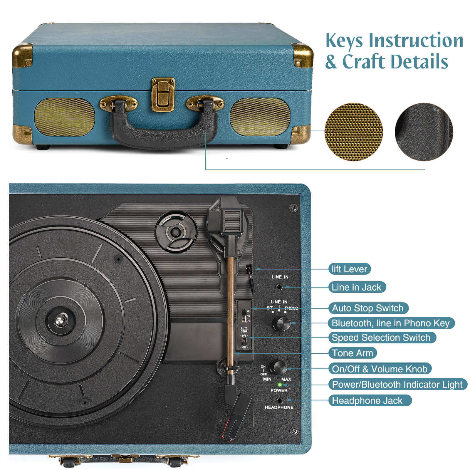 Portable Vinyl Record Player - Coral Blue 3-speed with Built-in Speakers by RETROLIFE