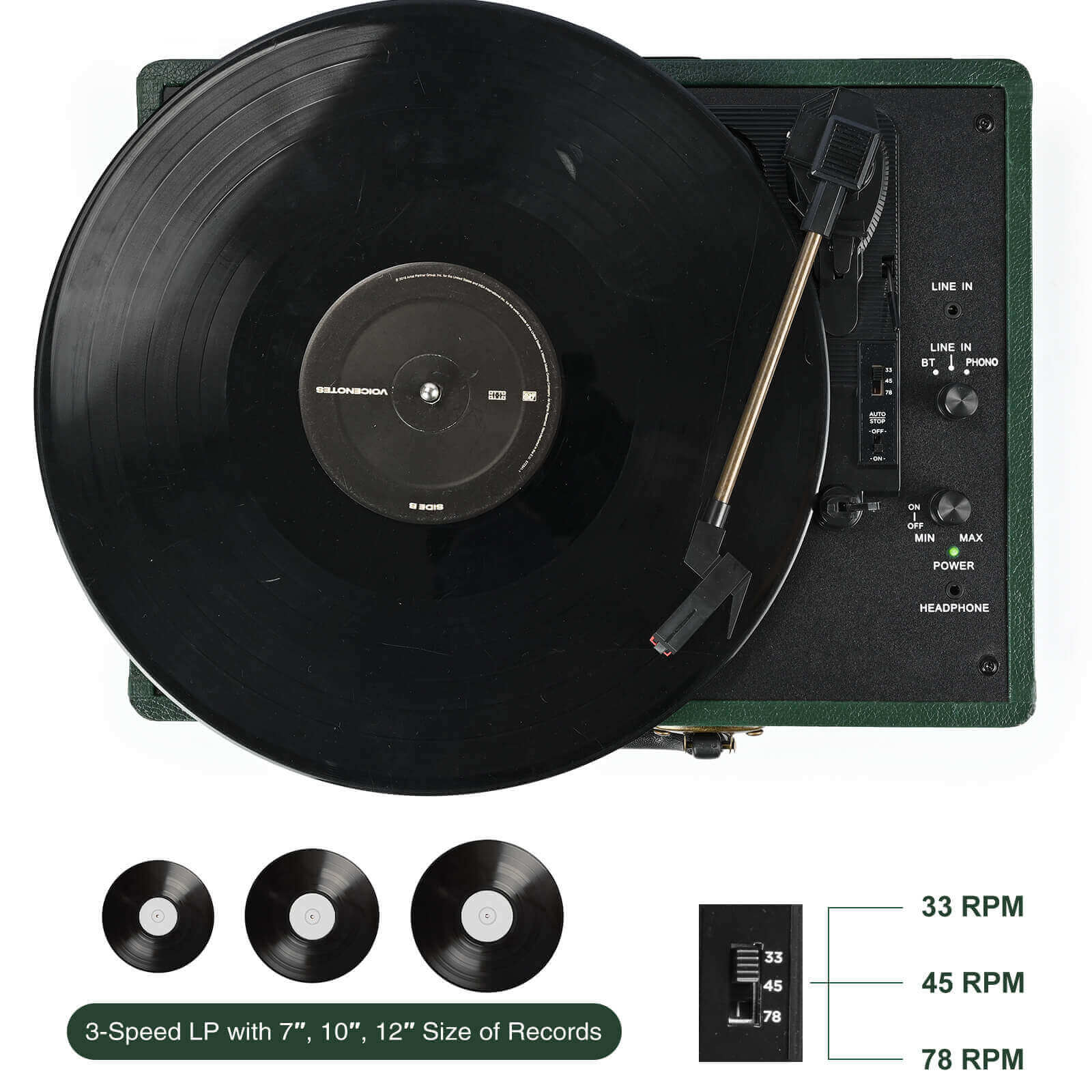 Portable Vinyl Record Player - Dark Green 3-speed with Built-in Speakers by RETROLIFE