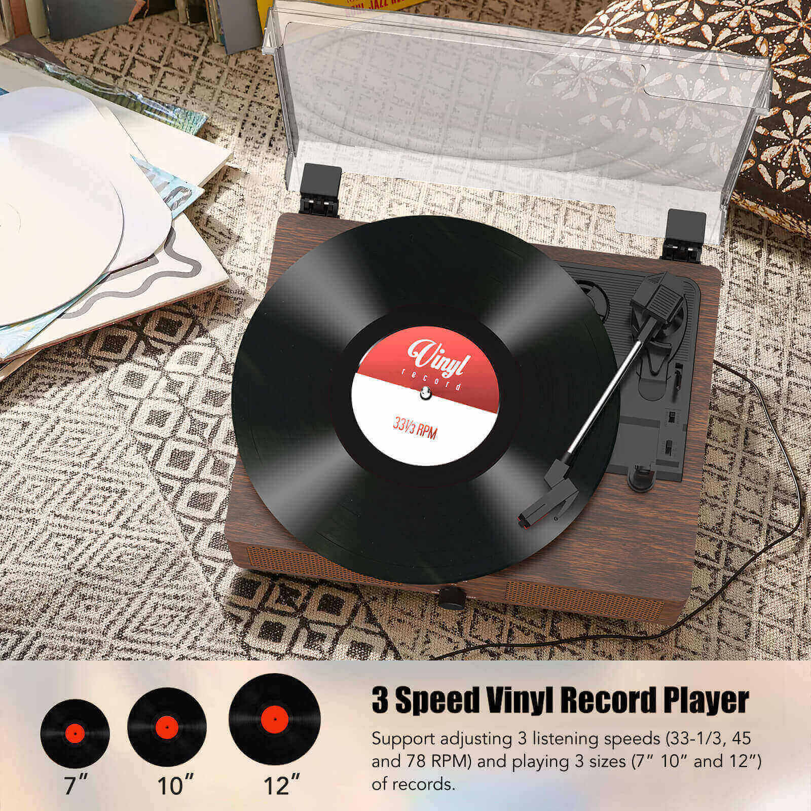 High-Quality Vinyl Record Player - Dark Brown with Built-in Speakers by UDREAMER