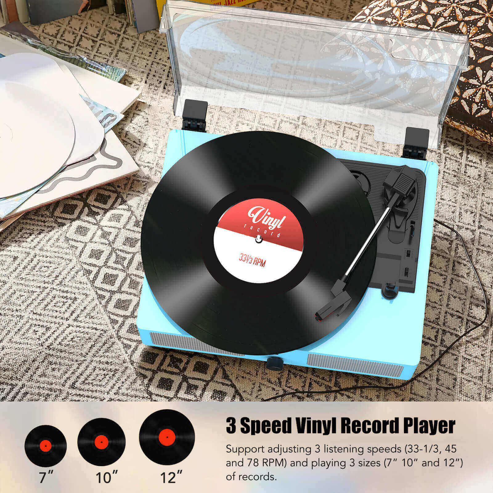 High-Quality Vinyl Record Player - Blue with Built-in Speakers by UDREAMER