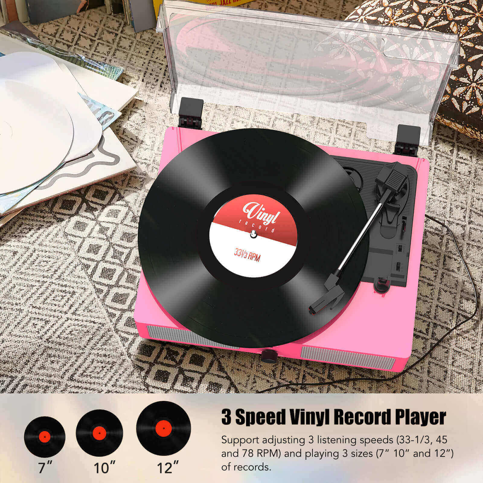 High-Quality Vinyl Record Player - Pink with Built-in Speakers by UDREAMER