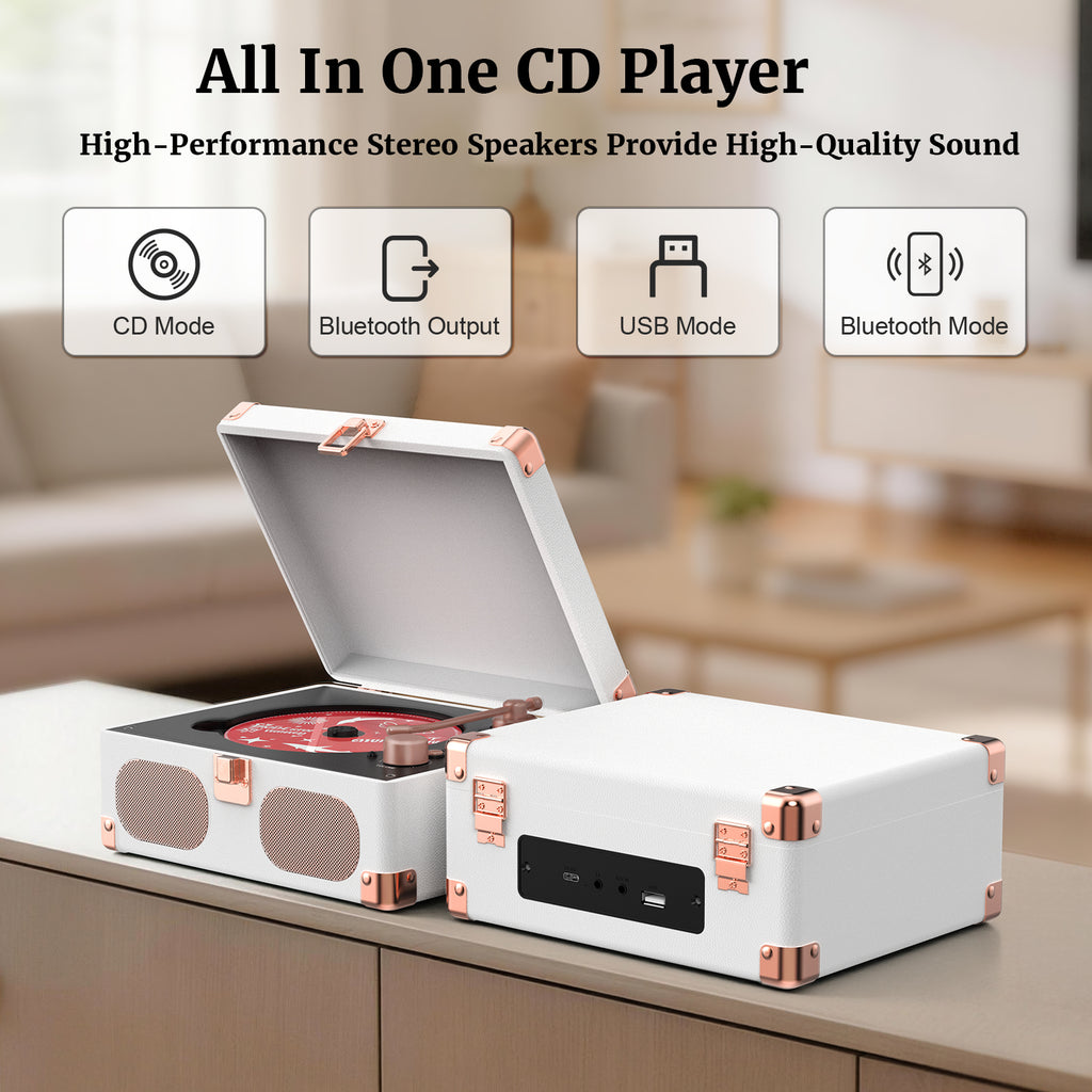 Wavelegend Retro CD Player Bluetooth Portable with Hifi Speakers, Remote Control Desktop Suitcase Music Player with V5.4 BT in&out(White)