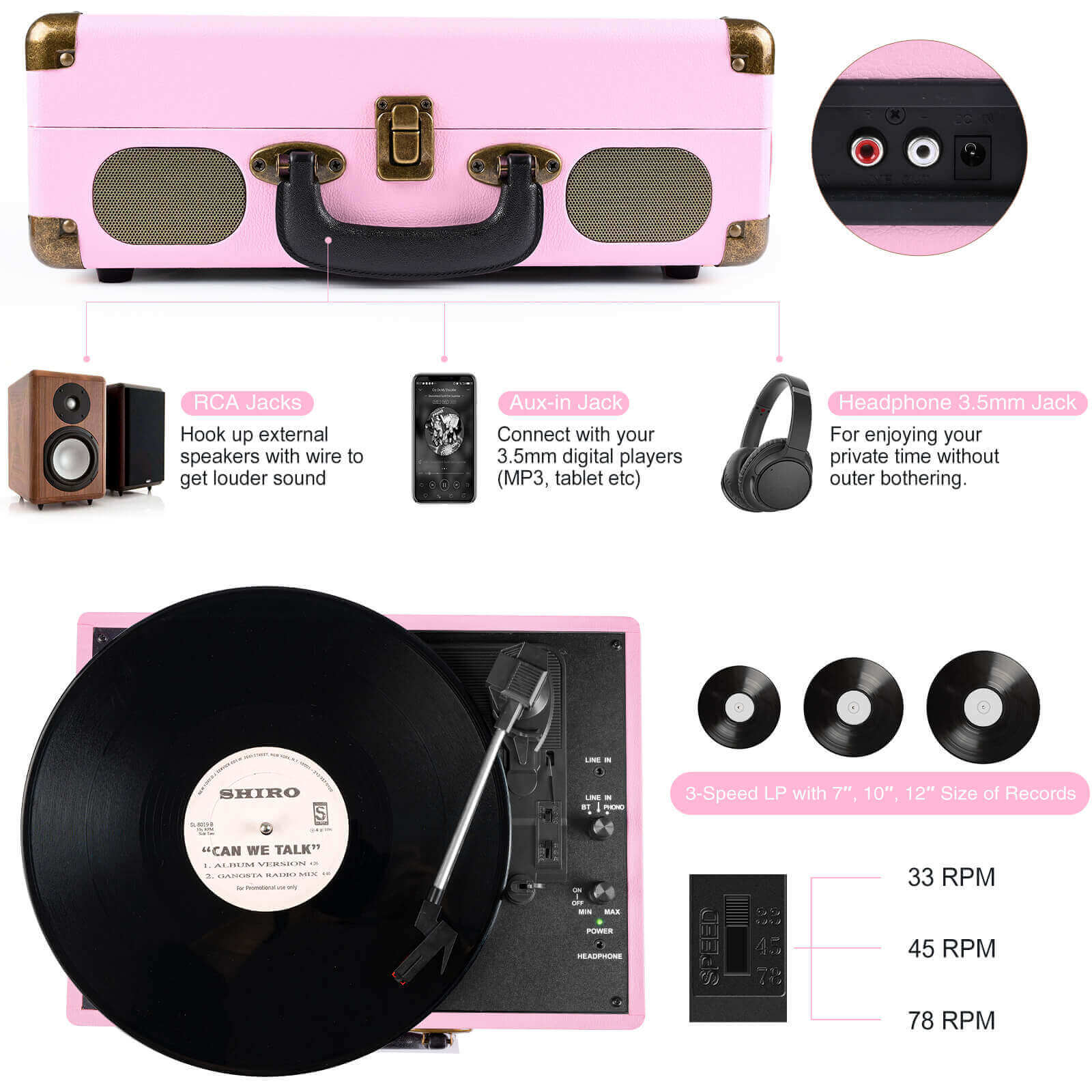 Portable Vinyl Record Player - Light Pink 3-speed with Built-in Speakers by RETROLIFE