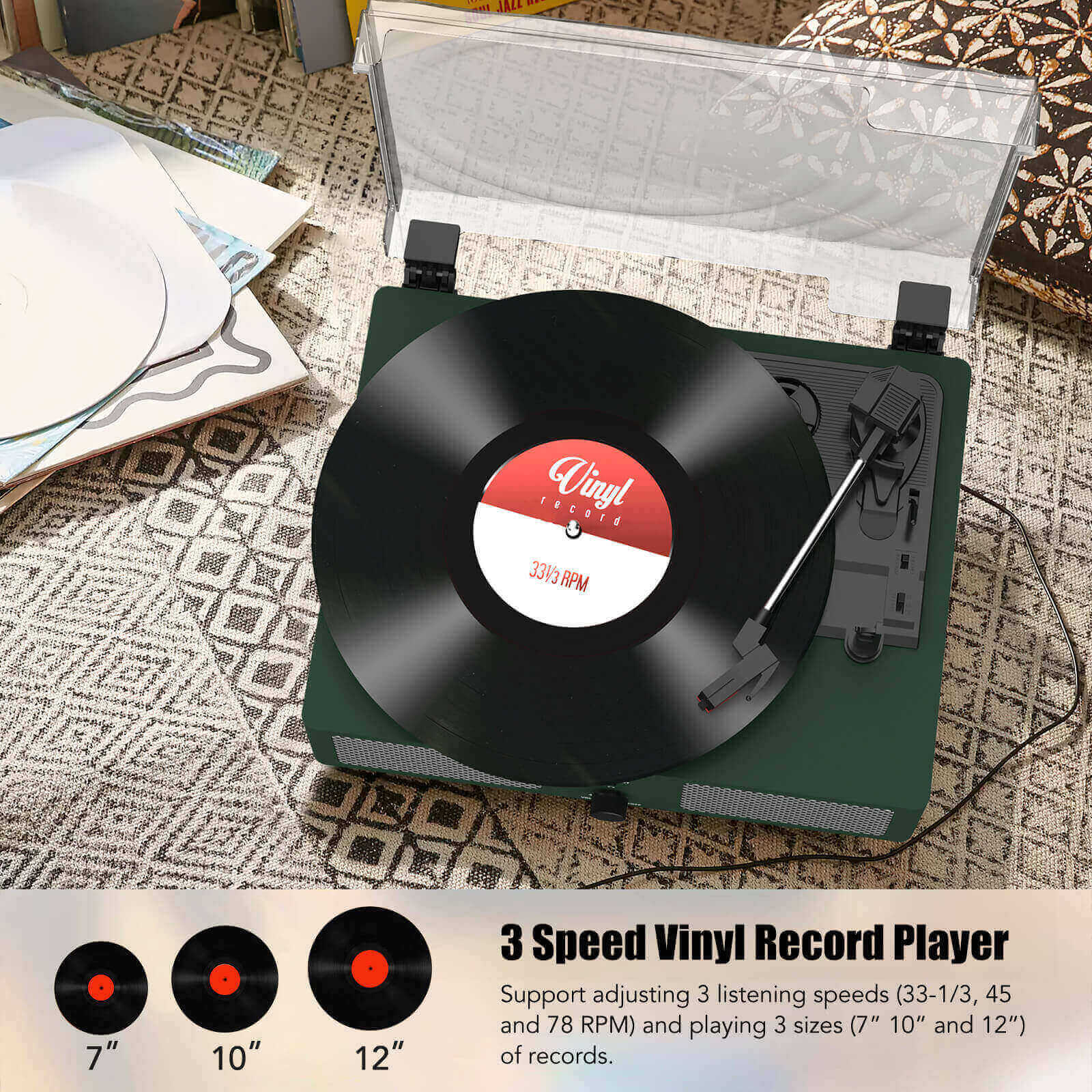 High-Quality Vinyl Record Player - Dark Green with Built-in Speakers by UDREAMER