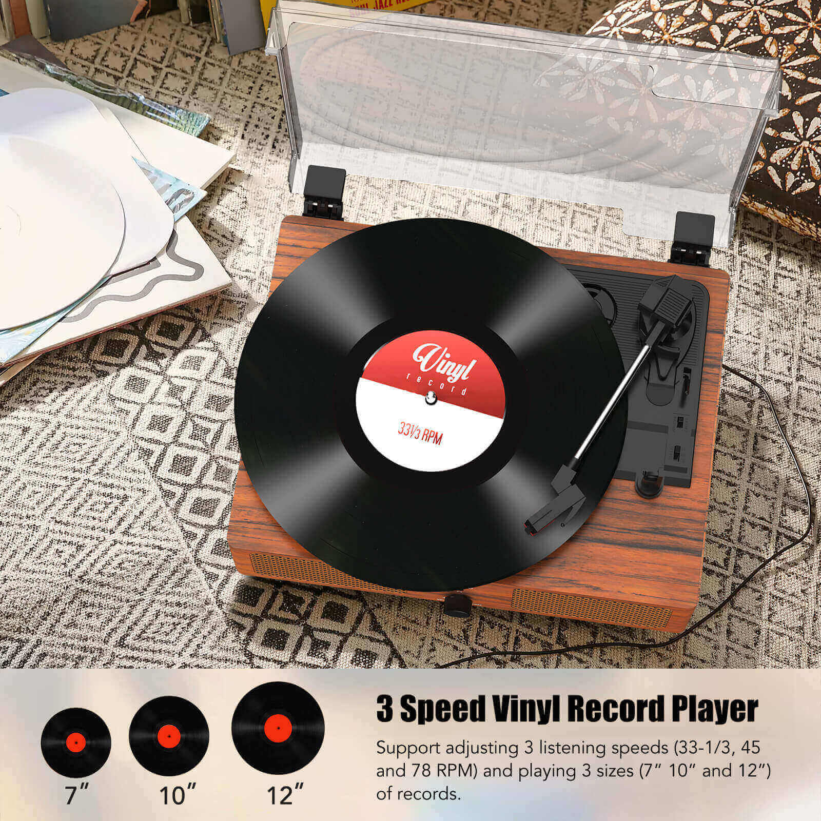 High-Quality Vinyl Record Player - Light Brown with Built-in Speakers by UDREAMER