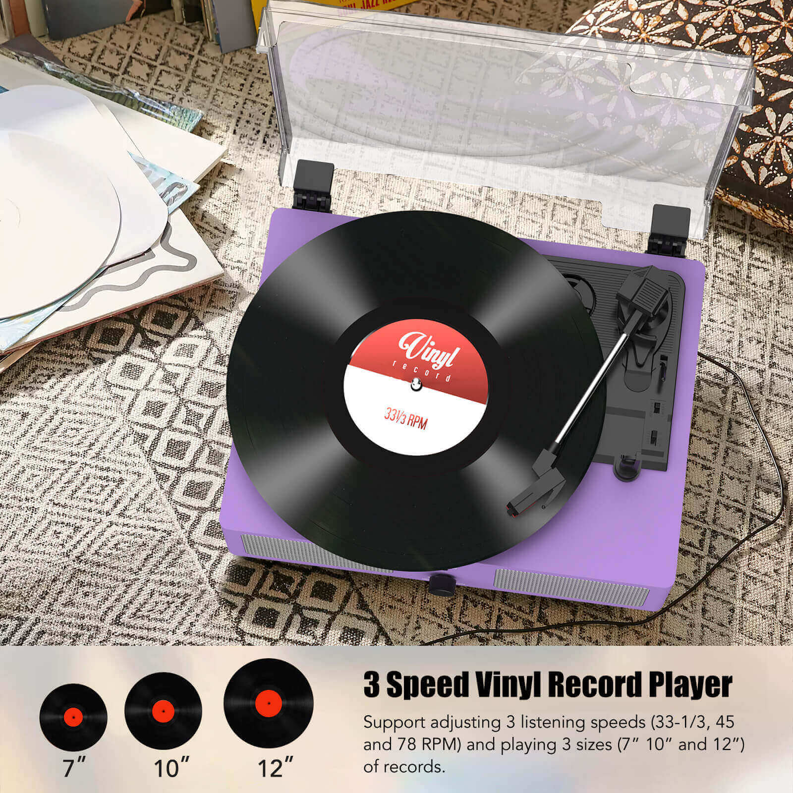 High-Quality Vinyl Record Player - Purple with Built-in Speakers by UDREAMER