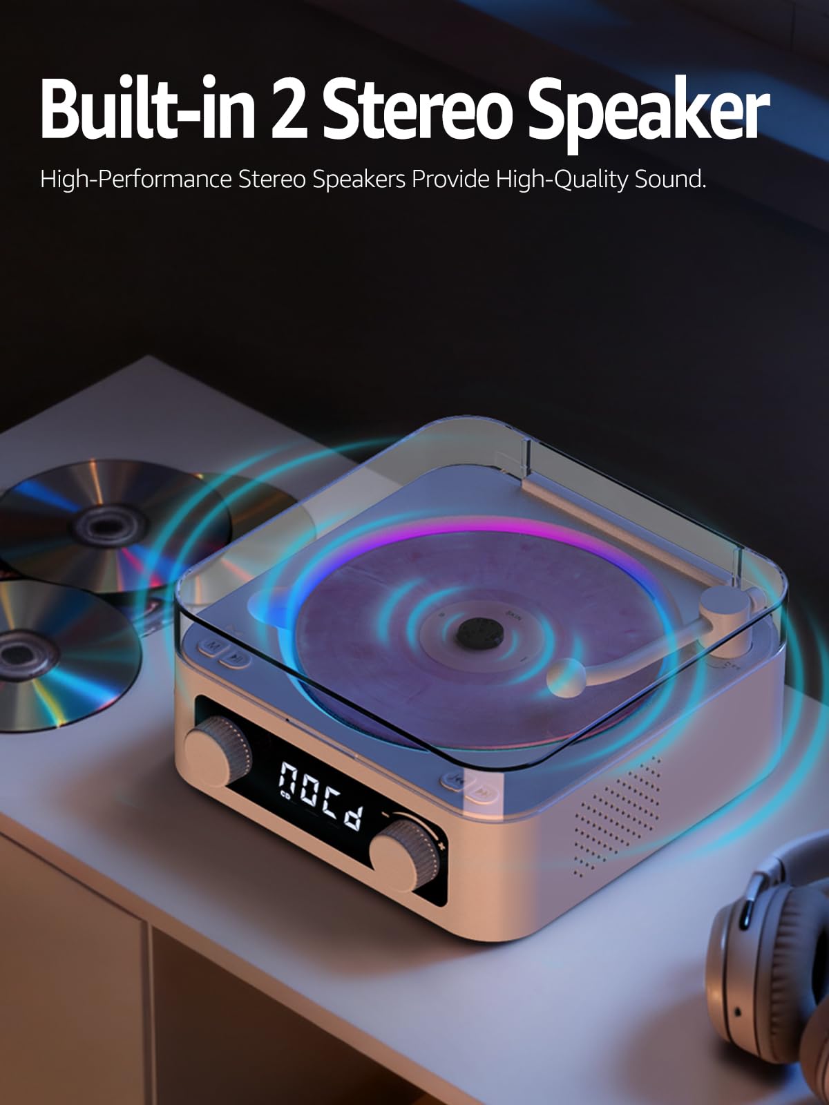 CD Player with Built-in Speakers Portable Bluetooth Input&Output Desktop CD Players for Home with Screen Display, Ambient Lighting, FM Radio, White Noise Mode, Remote Control, USB Type-c (White)