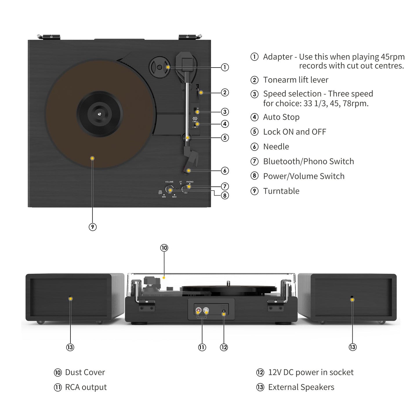 Record Player with 2X External Speakers Turntable Bluetooth Input Belt-Driven 3-Speed (33, 45, 78 RPM) LP Player Turntables for Vinyl Records with RCA Output, Aux in, Auto Stop, Black