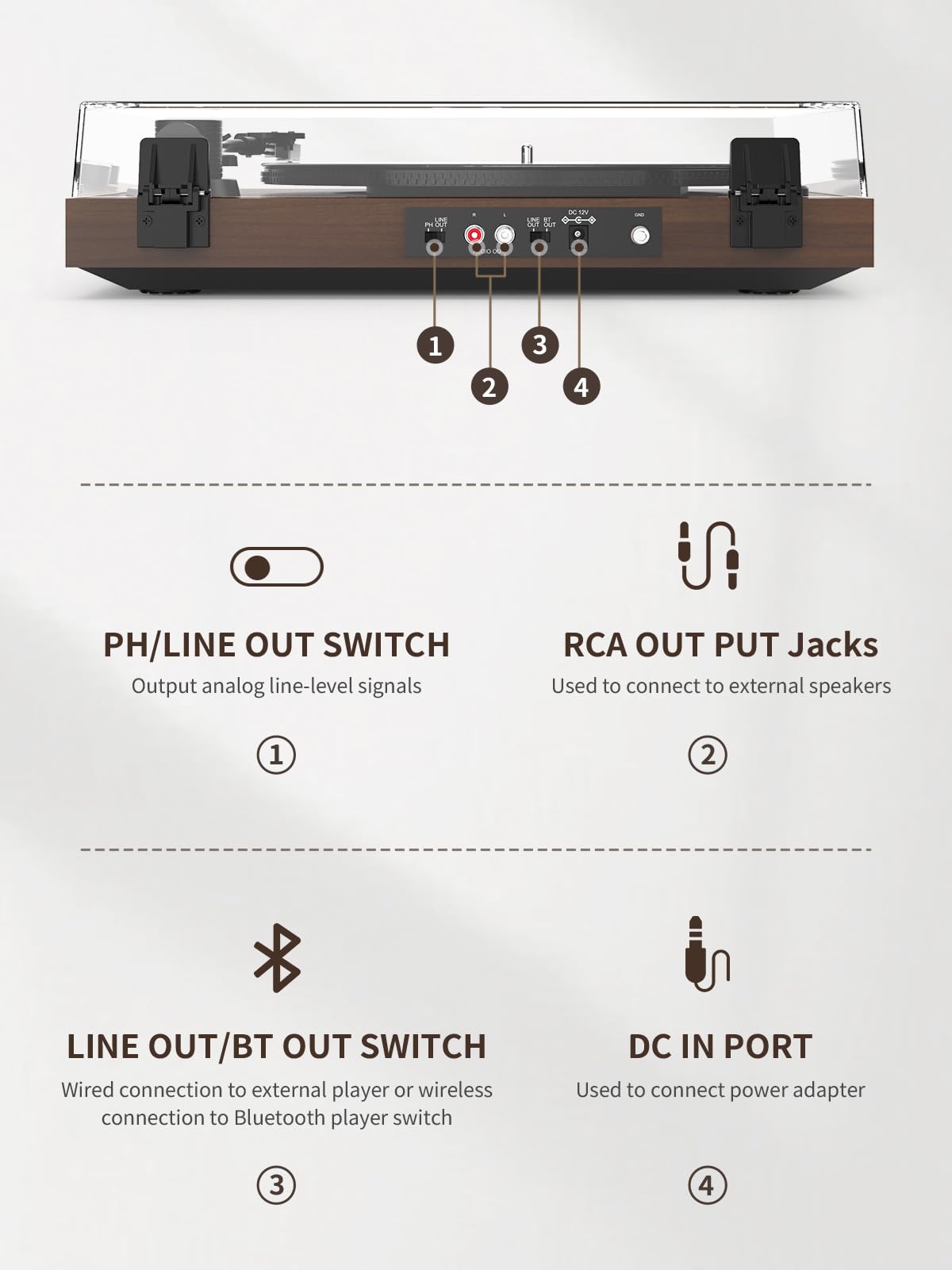 Vinyl Record Player Belt Drive 2-Speed Playback Turntable Bluetooth Wireless Output Connectivity Record Player with Magnetic Cartridge Built-in Phono Pre-amp