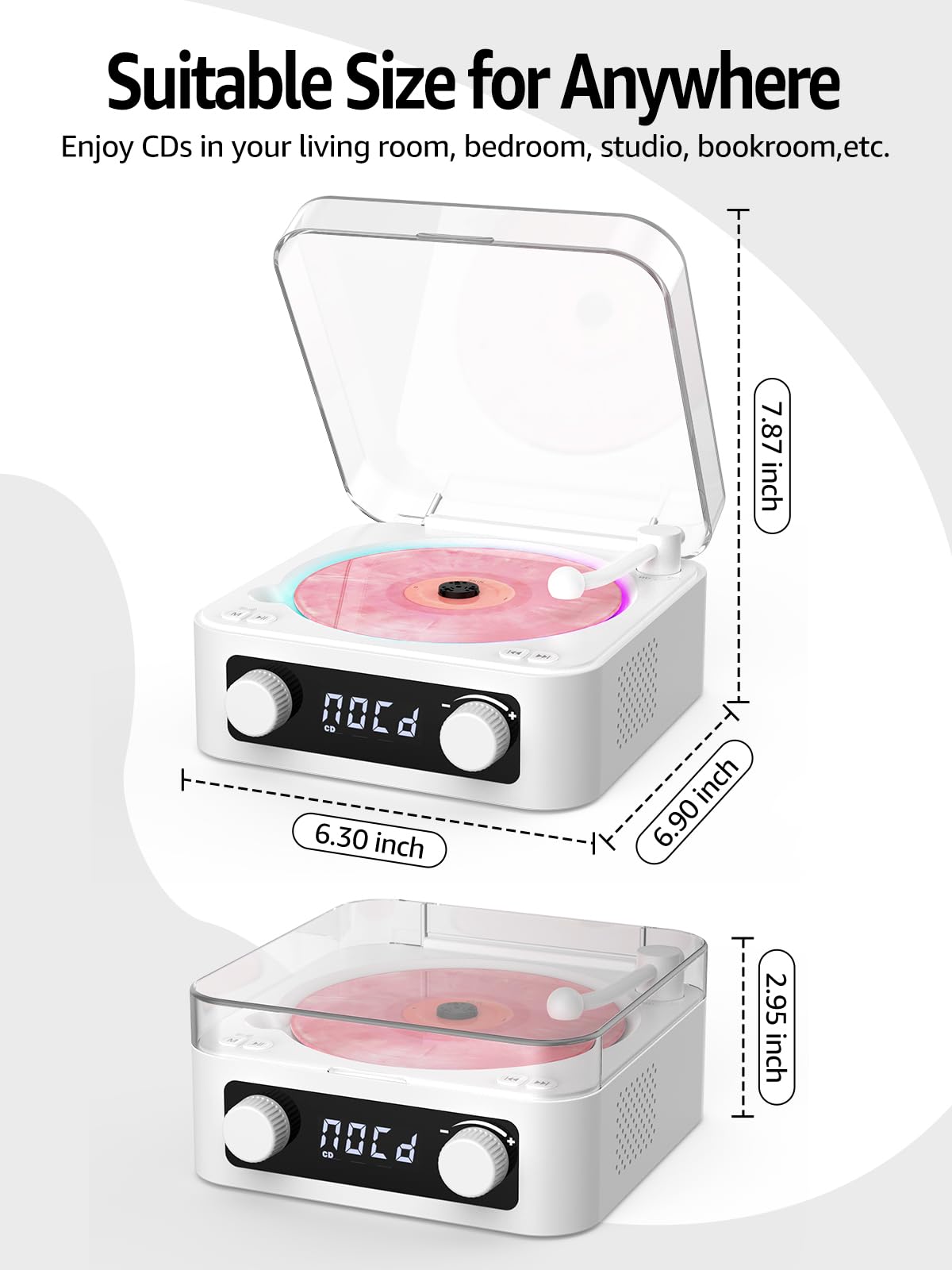 CD Player with Built-in Speakers Portable Bluetooth Input&Output Desktop CD Players for Home with Screen Display, Ambient Lighting, FM Radio, White Noise Mode, Remote Control, USB Type-c (White)