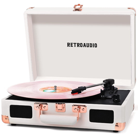 Vinyl Record Player with Built-in Speakers 3-Speed Vintage Record Player Bluetooth Portable Suitcase Turntable Belt-Driven LP Player Support RCA Output and Headphone Output (White Rose Gold)