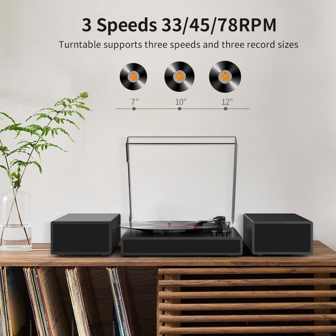 Record Player with 2X External Speakers Turntable Bluetooth Input Belt-Driven 3-Speed (33, 45, 78 RPM) LP Player Turntables for Vinyl Records with RCA Output, Aux in, Auto Stop, Black